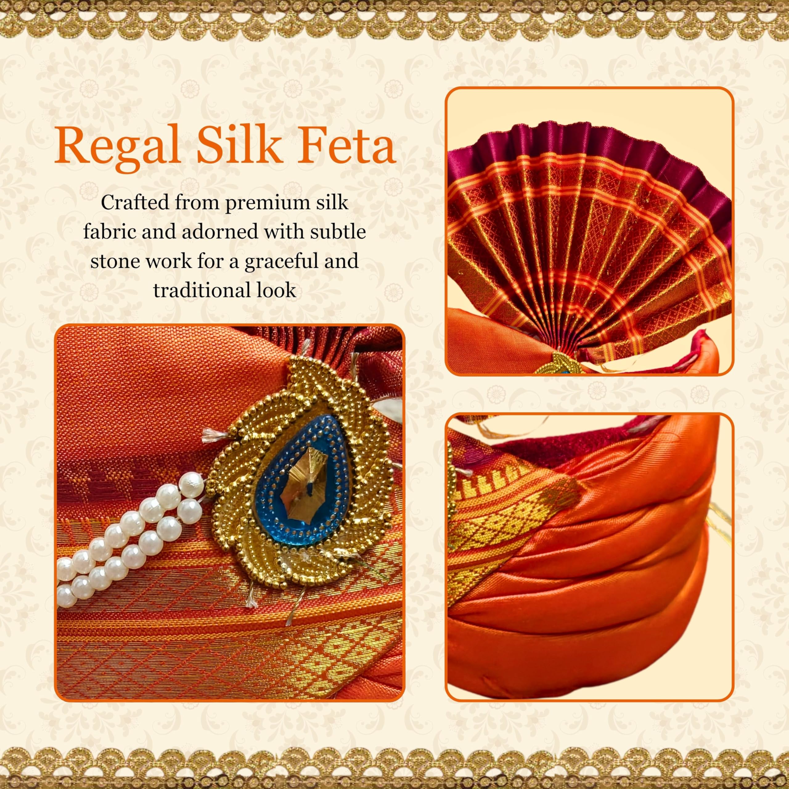 PUNYATVA Ganesh Feta Mukut (Turban, Silk, Orange) / Adjustable Ganesh Pheta, Gauri Ganpati Festival Decoration Accessories, Jewellery, Crown, Makhar, Traditional Pagdi, God Idol Headgear 4