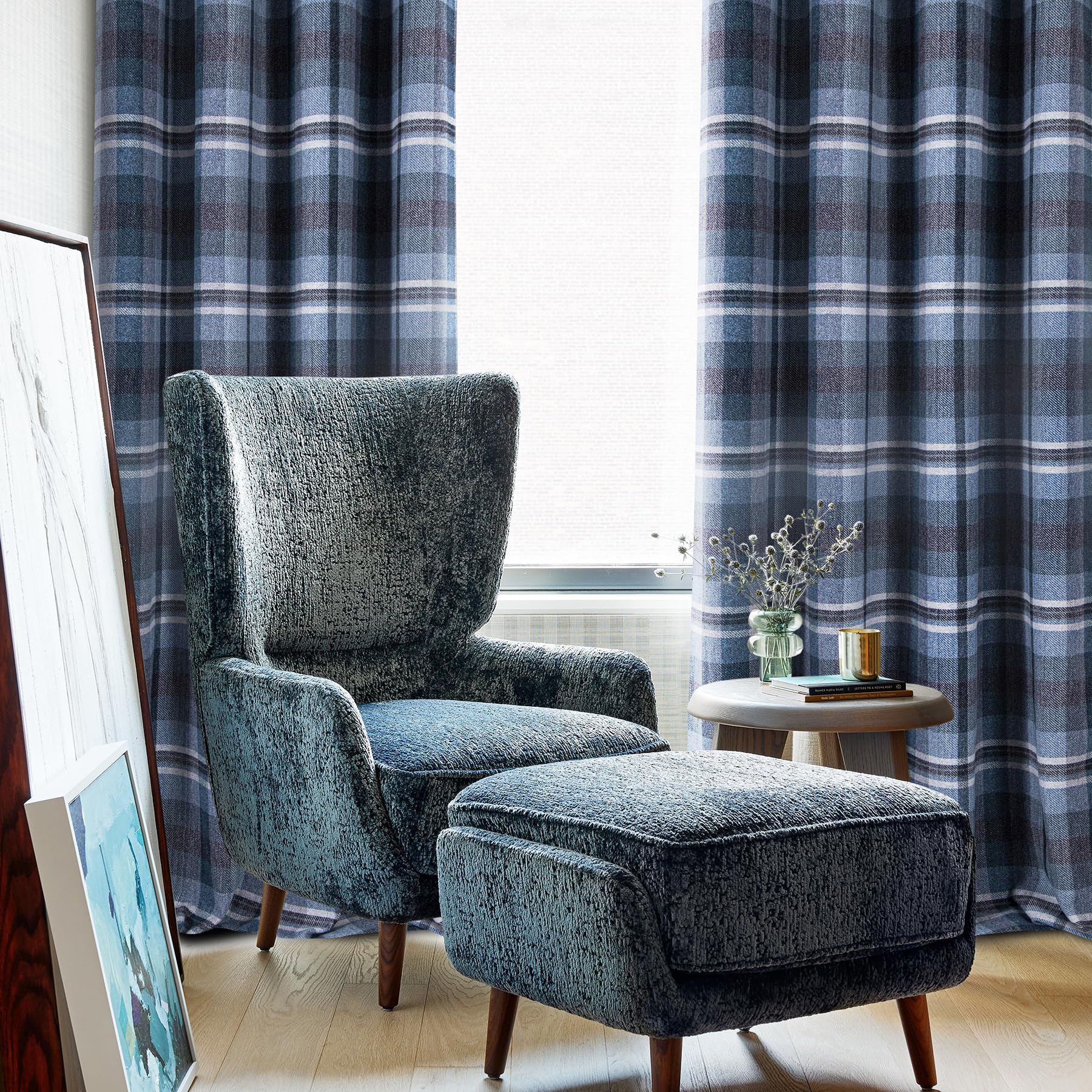 always4u 100% Blackout Tartan Curtains Highland Check Eyelet Curtain Woolen Look Plaid Brushed Cheque Pair of Window Treatment for Bedroom Living Room Navy Blue 46 * 54 Inches - Image 2