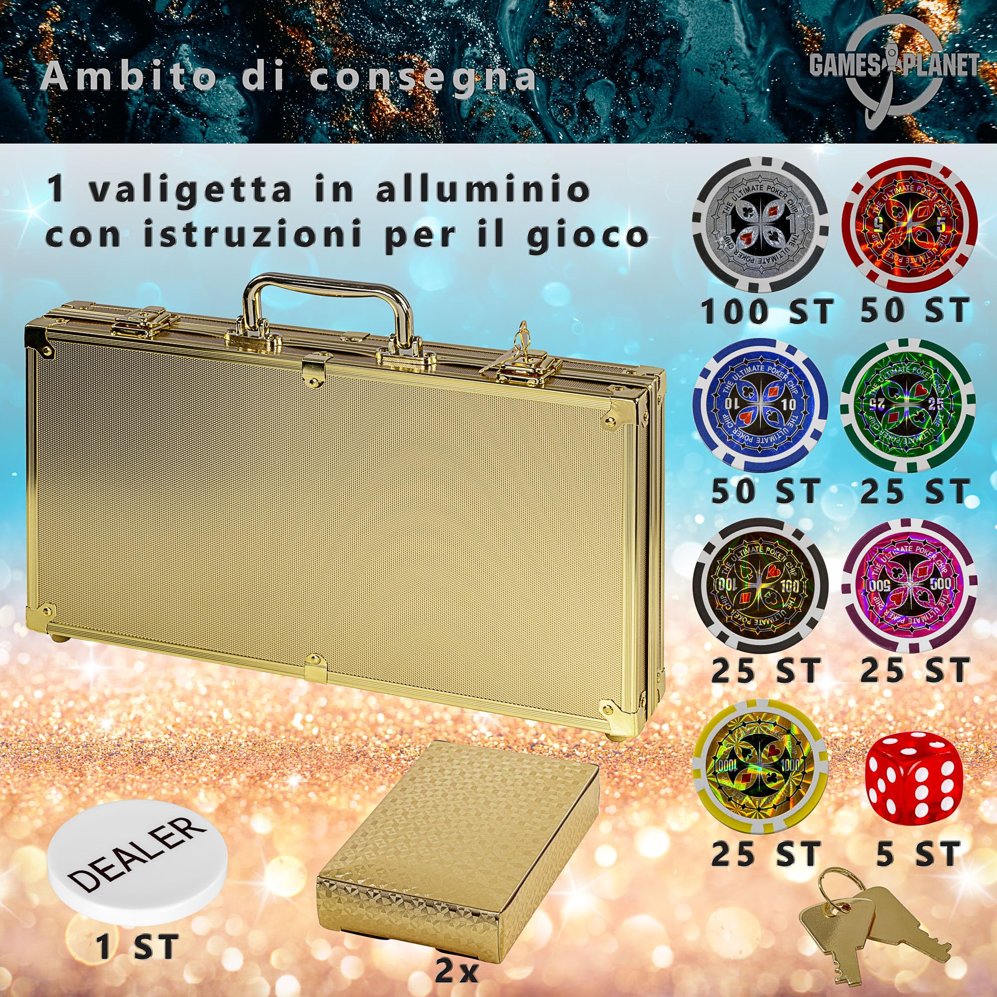 GAMES PLANET Set da Poker con 300 fiches Laser, Colori a Scelta