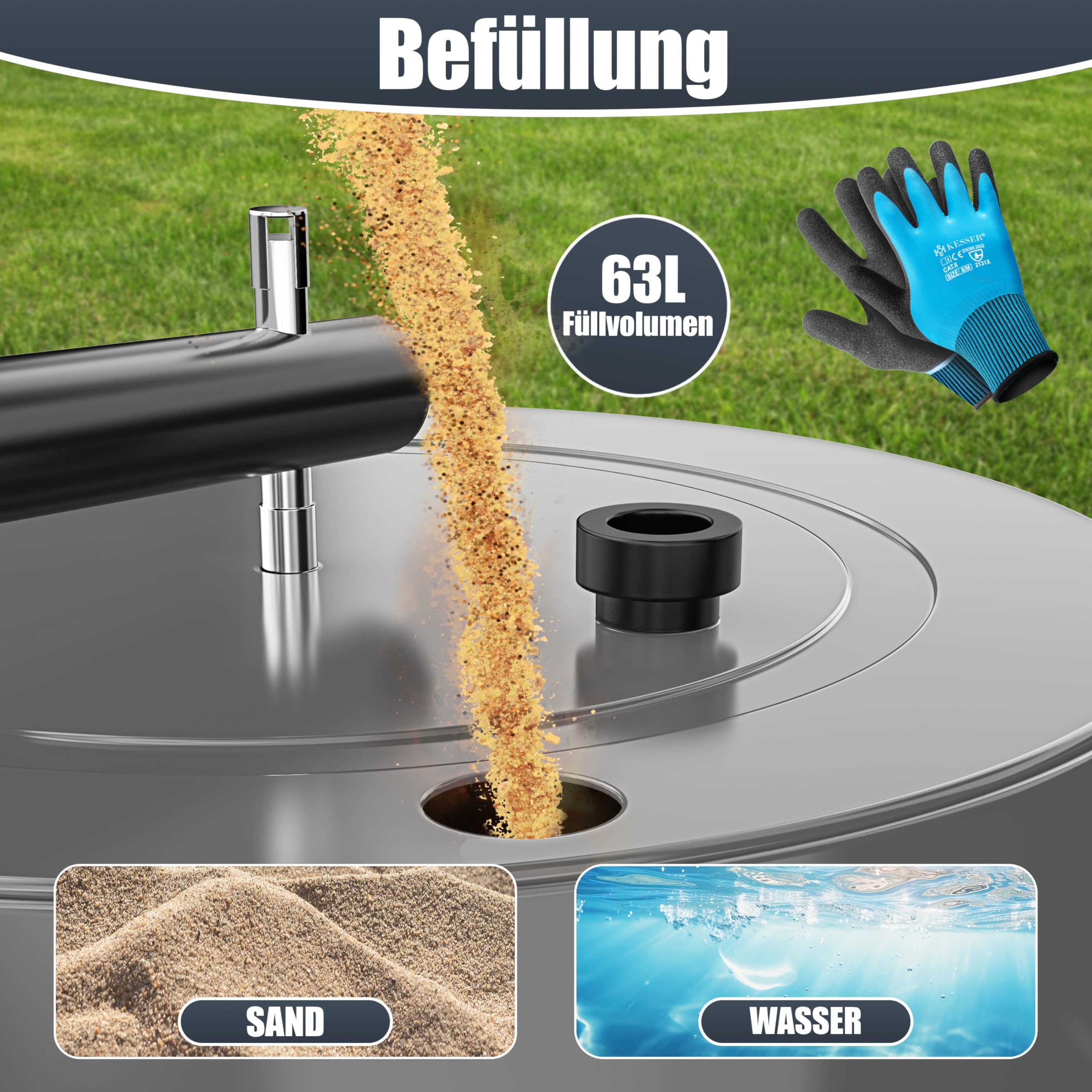 KESSER® Rodillo para césped de metal rellenable con agua o arena con 63 litros de volumen de llenado y 99 cm de ancho | Rodillo de jardín incluye guantes | Rodillo manual rodillo para césped rodillo