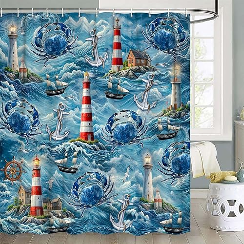 Miniatura 28 de JAWO Cortina de ducha con temática de playa con estrellas de mar, conchas tropicales, conchas de mar, escena costera hawaiana, vista al mar, sin