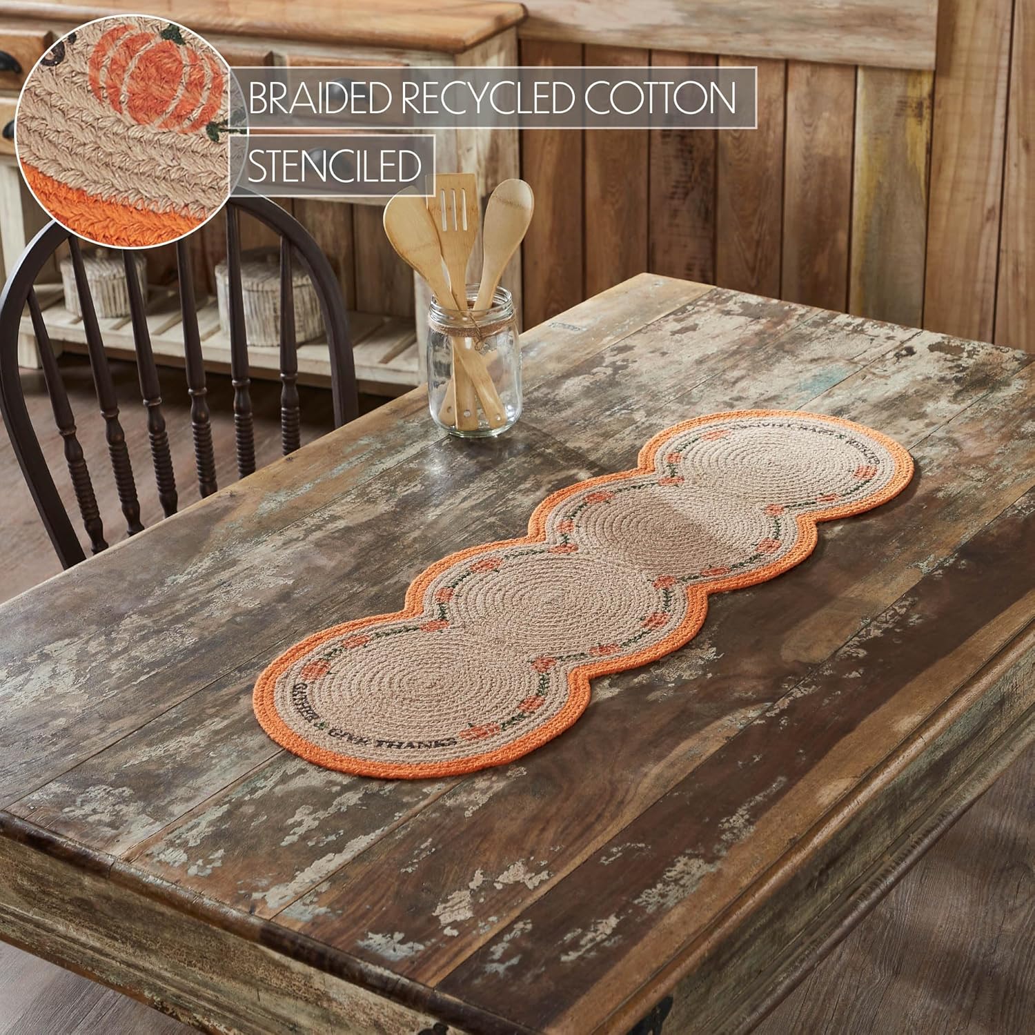 VHC Brands Harvest Blessings Natural Stencil Pumpkin Table Runner 12x36 Braided Cotton, Kitchen Dining Table Holiday Decoration, Decor for Fall and Thanksgiving