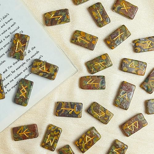 Miniatura 6 de Juego de piedras de runas de jaspe frutal, piedra pulida, suministros de brujería Futhark de élder Piedras preciosas Runas Espirituales Vikingas,