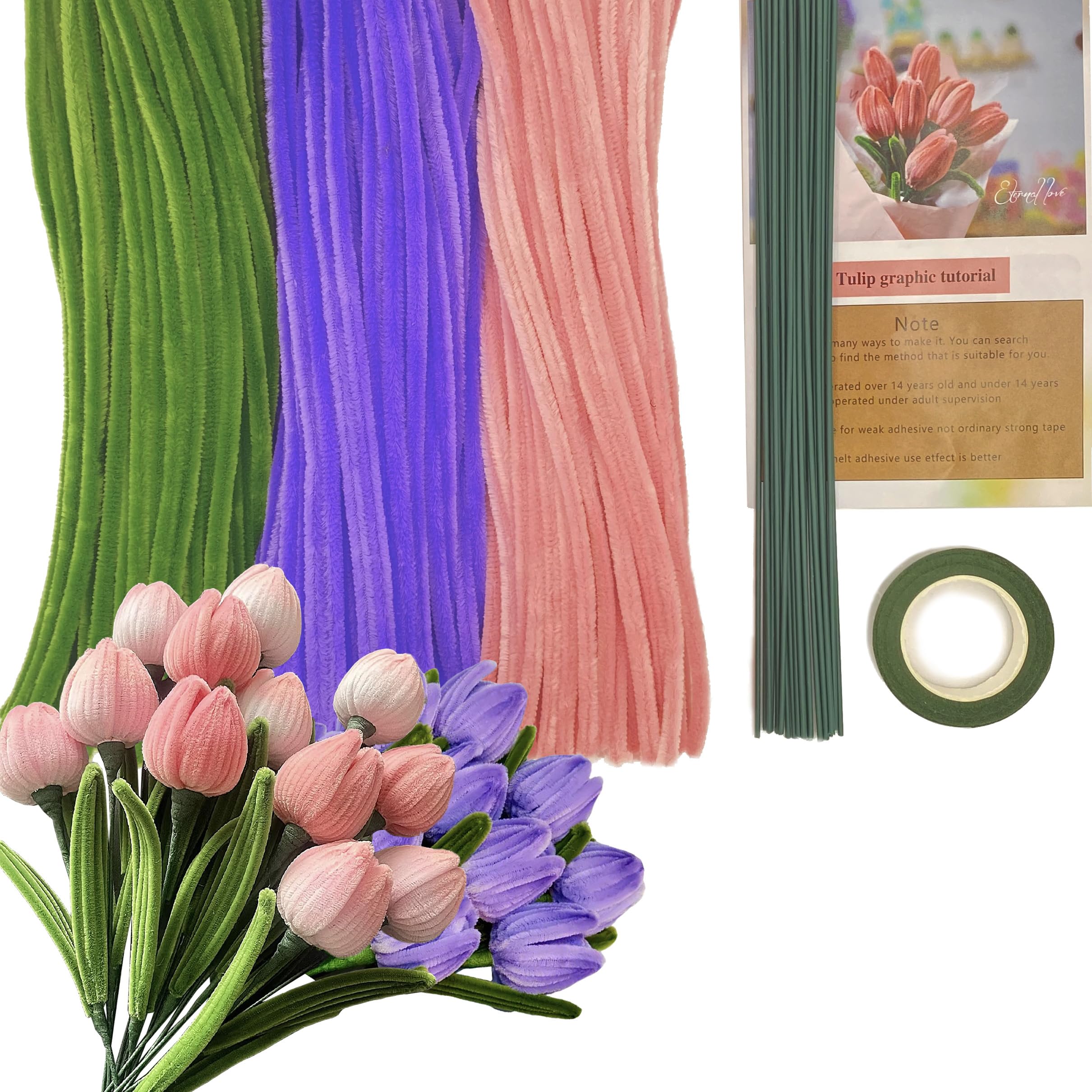 CBRVTY 321 Stück mit 300 Pfeifenreiniger Blumen Set 3 Farben, 300 Stück 7mm Dichter Pfeifenputzer zum Basteln Blumen mit 20 Blumenstöcke 1 Rolle Blumenklebeband (3 Color)