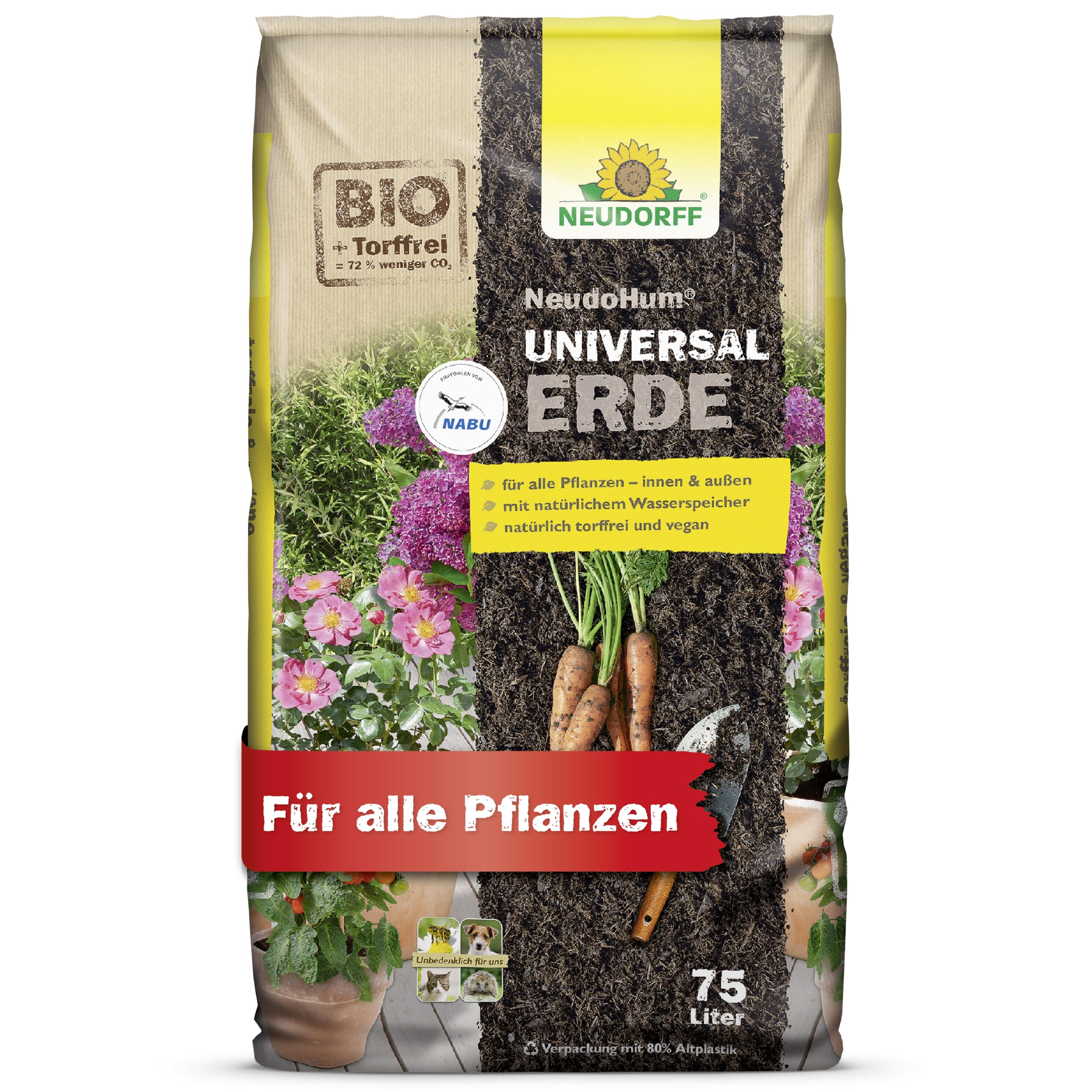 Neudorff NeudoHum UniversalErde 75L Erde torffrei für Balkonpflanzen - Bio Gemüseerde für Balkonpflanzen und Zimmerpflanzen - für bis zu 4 Wochen vorgedüngt