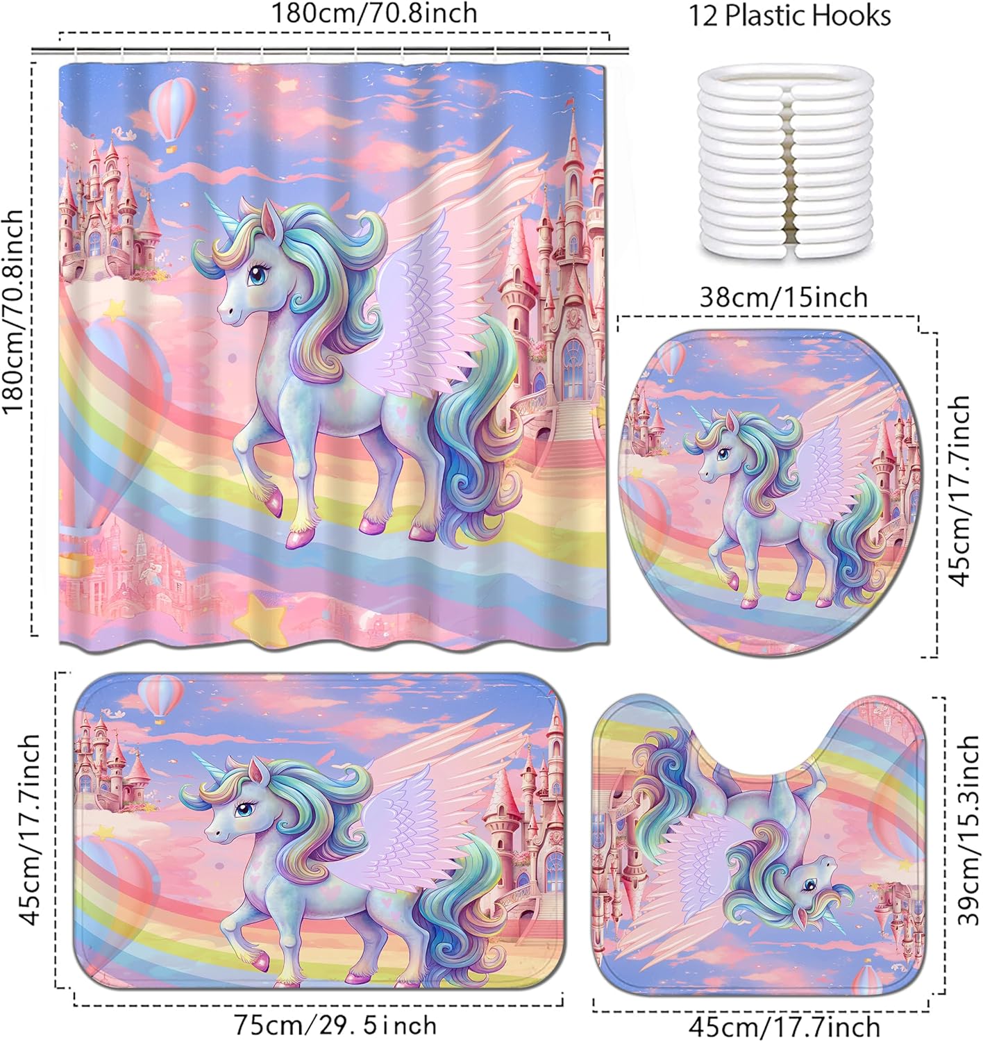 4Pcs Unicorn Girls Shower Curtain Sets with Memory Rugs, Kids Bathroom Sets with Waterproof Cute Uicorn Girls Shower Curtain, Non-Slip Rug Toilet Lid Cover Bath Mat and 12 Hooks