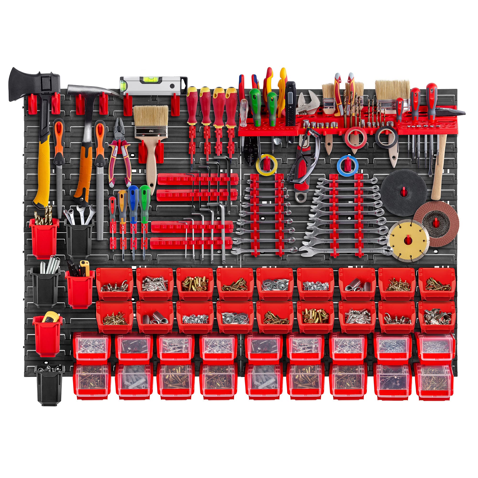KADAX Estantería de pared para taller, 116 x 78 cm, sistema de almacenamiento de plástico resistente, resistente a los rayos UV, paneles de pared ampliables, estantería a granel (rojo, 83 piezas)