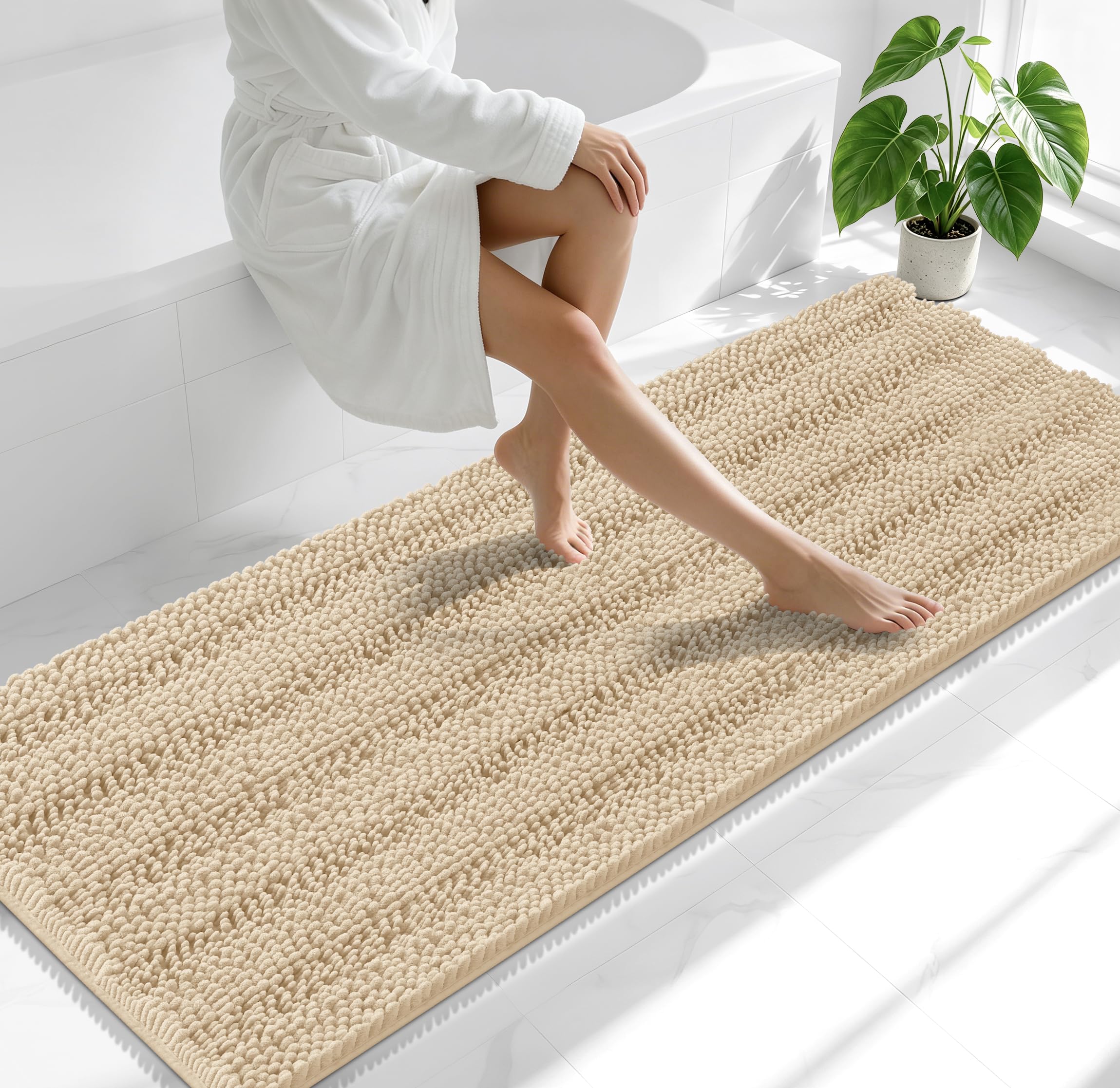 Smiry Thick Chenille Bathroom Runner Rugs 70x24, Absorbent Bath Mat, Beige