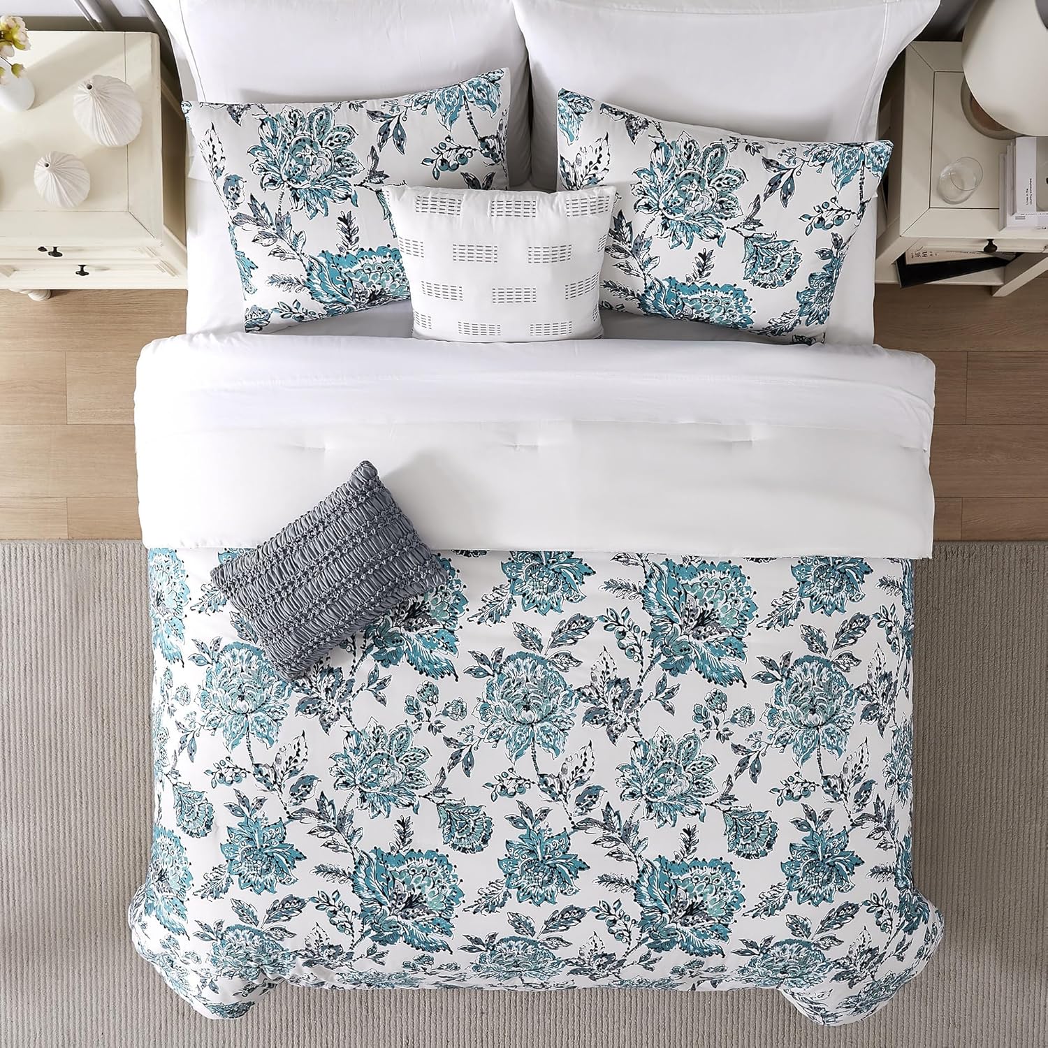 Modern Threads 5-Piece Printed Comforter Set, Athenas Queen in White and Teal – Soft Comforter, 2 Pillow Shams, and 2 Decorative Pillows