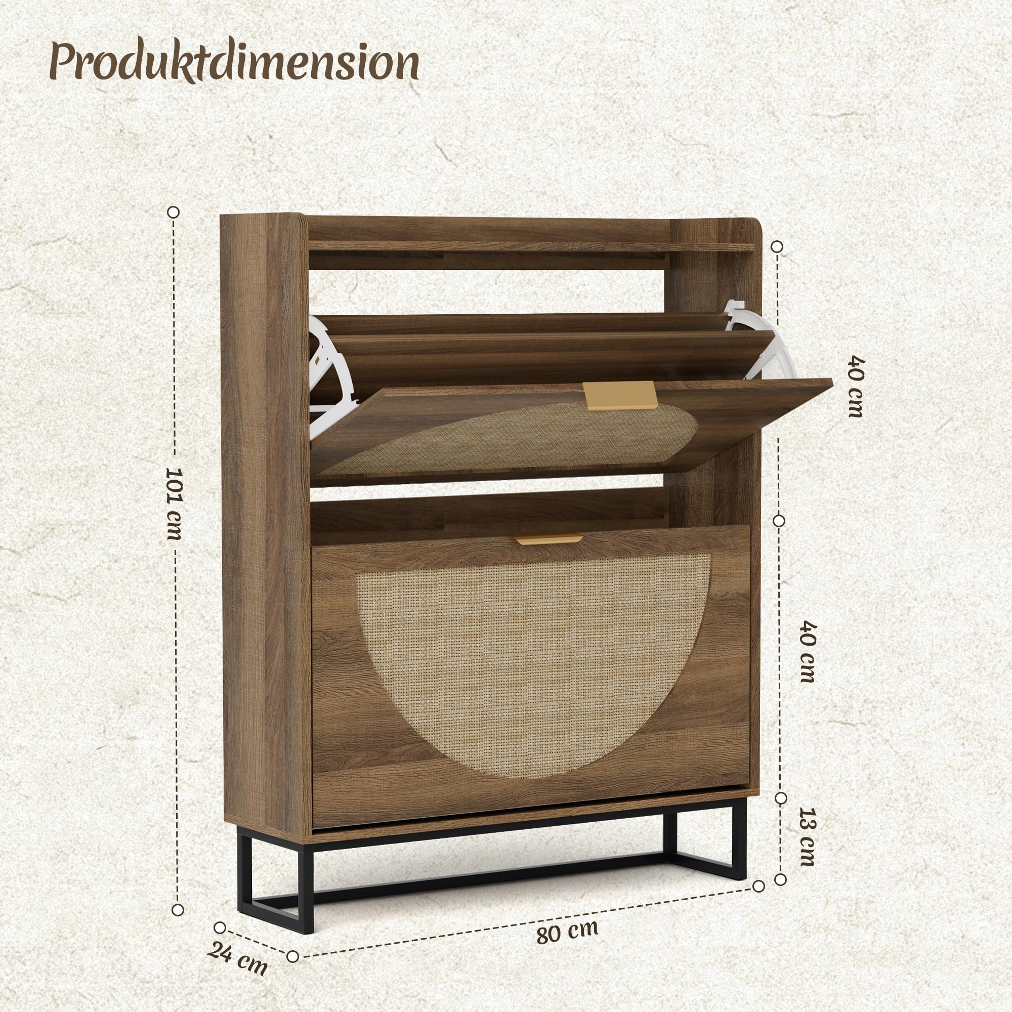 BonVache Schuhkommode mit 2 Schubladen, Rattan Design Schuhschrank Schmal Holz Für Flur, Schuhaufbewahrung mit Metallbeinen, Schuhorganizer für Eingangsbereich, Wohnzimmer, Schlafzimmer, 80x24x101cm