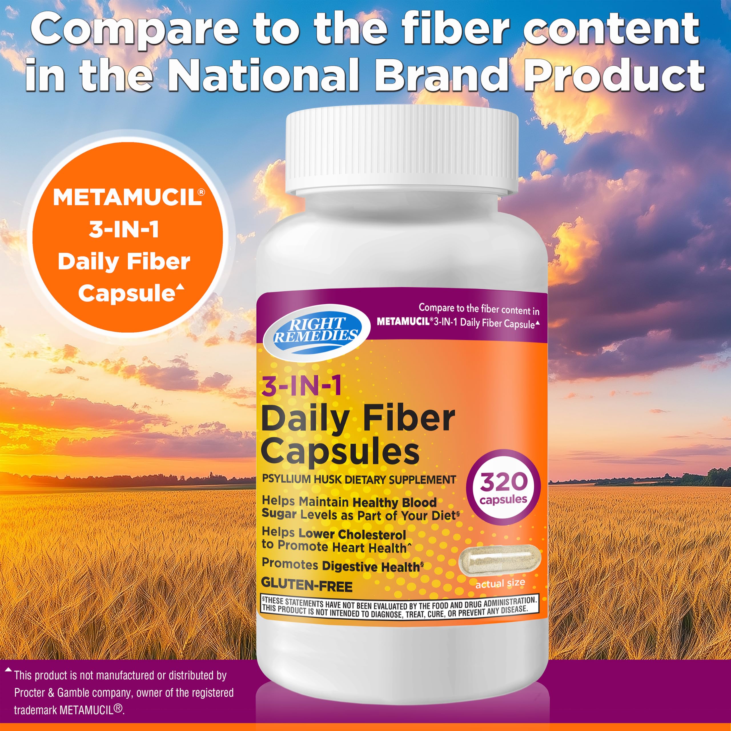 RIGHT REMEDIES 3-in-1 Daily Fiber Capsules, 500 mg, 320 Capsules — Amazon image 4