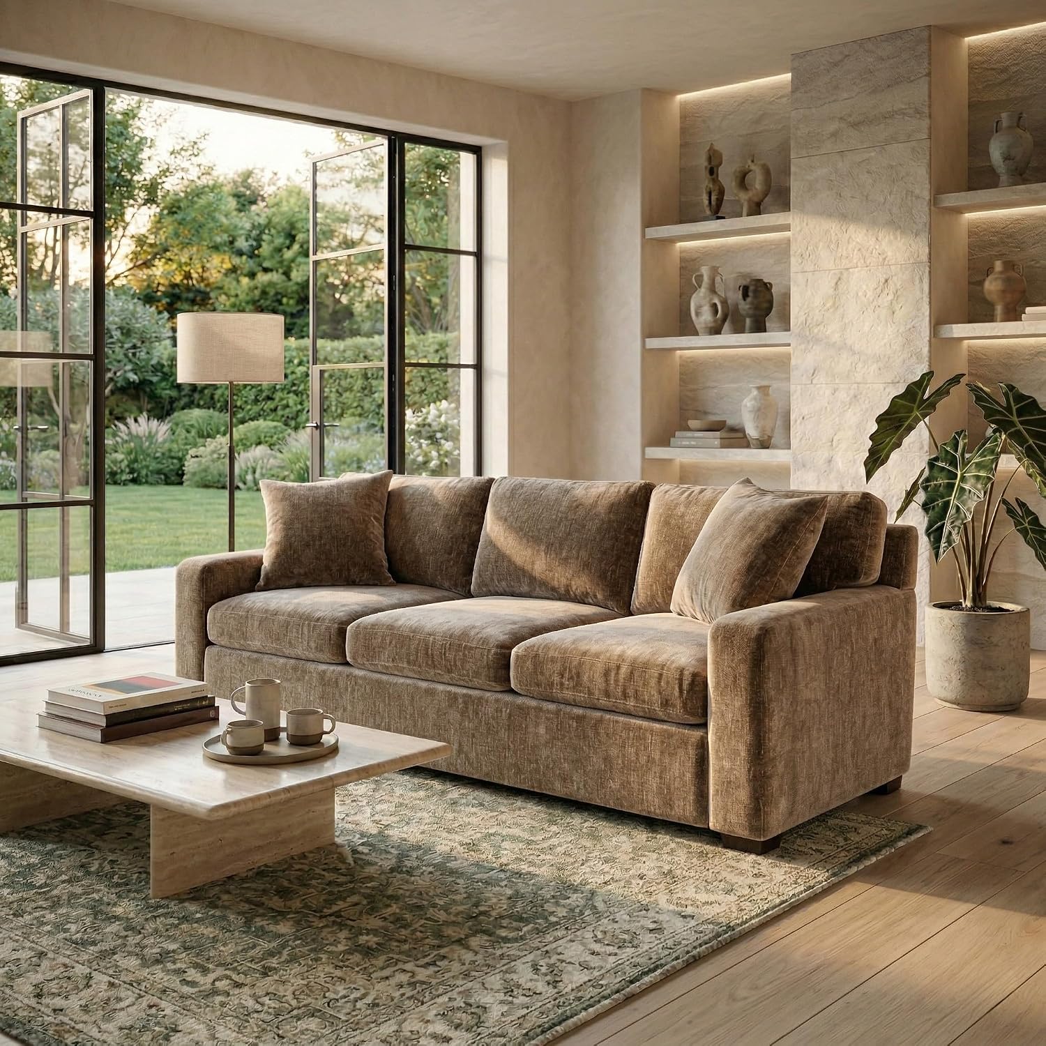 SAFAVIEH Couture - Vasquez 3-Seat Sofa - Brown Chenille Upholstery - Ideal for Living Room, Family Room, 92" W x 37.5" D x 34.3" H (SFV6119B)