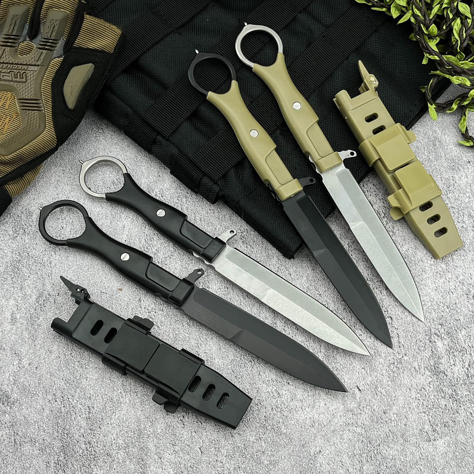 Outdoor Messer Survival mit Scheide, Nylonfaser Griff und 8Cr13Mov Stahl Klinge, Feststehendes Messer mit Full-Tang Design,Geschenk für Männer(Schwarzes Griffstück, schwarze Klinge)