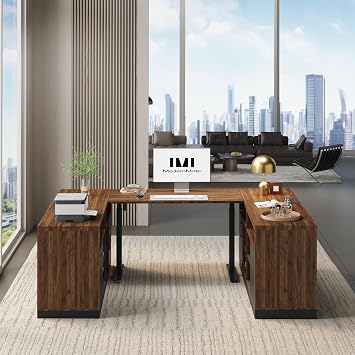ModernMate Home Office Furniture Set, 86" U Shaped Executive Standing Desk with File Cabinets, Electric Height Adjustable Office Furniture Desk Sets with Drawer, AC/USB, Black Walnut