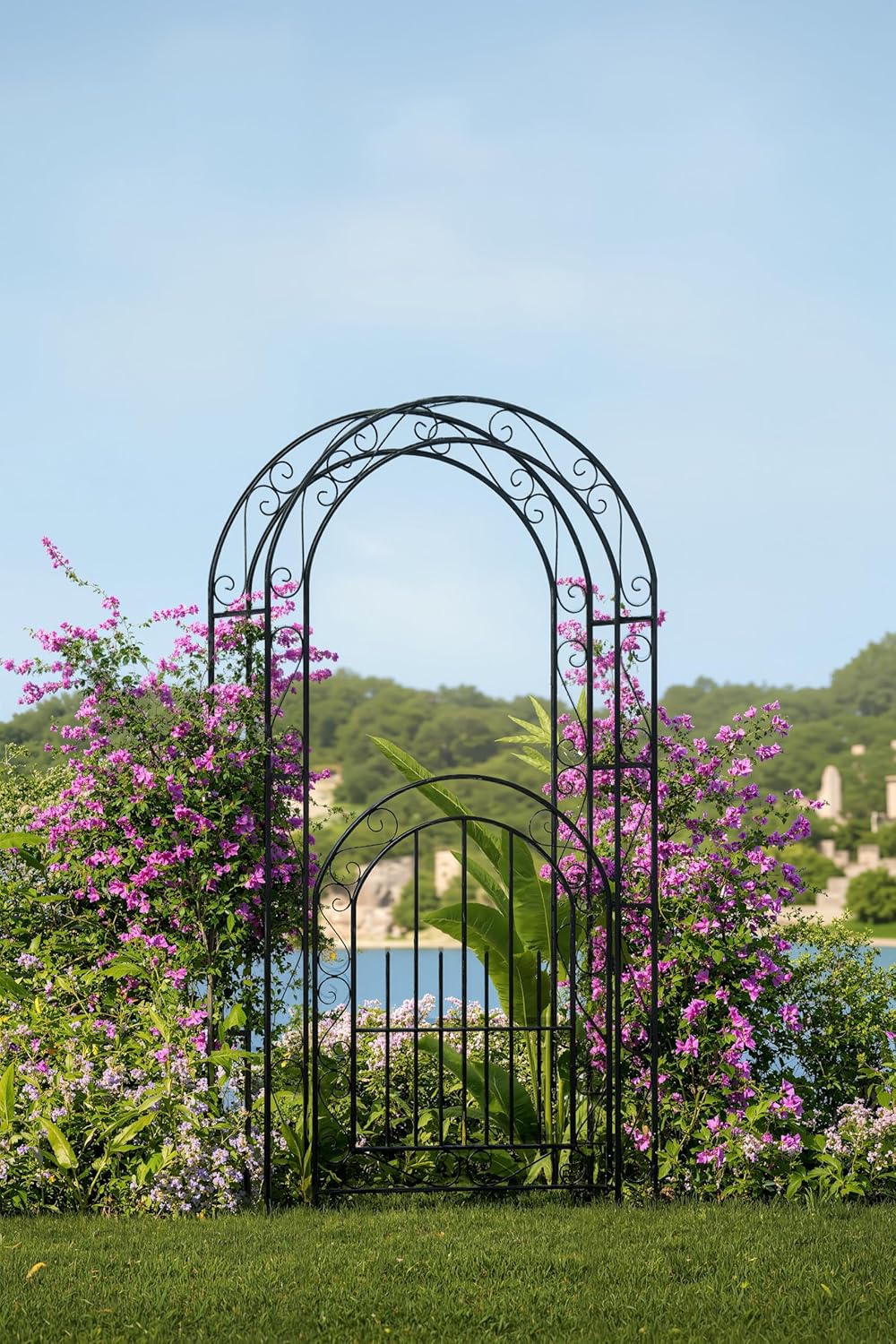 8 FT Garden Trellis Arch, Reinforced Metal Garden Archway, Decorative Frame Stand Trellis,Arch Stand for Wedding Ceremony Party Plant Climbing Rose Vines Lawn Courtyard Patio, Black
