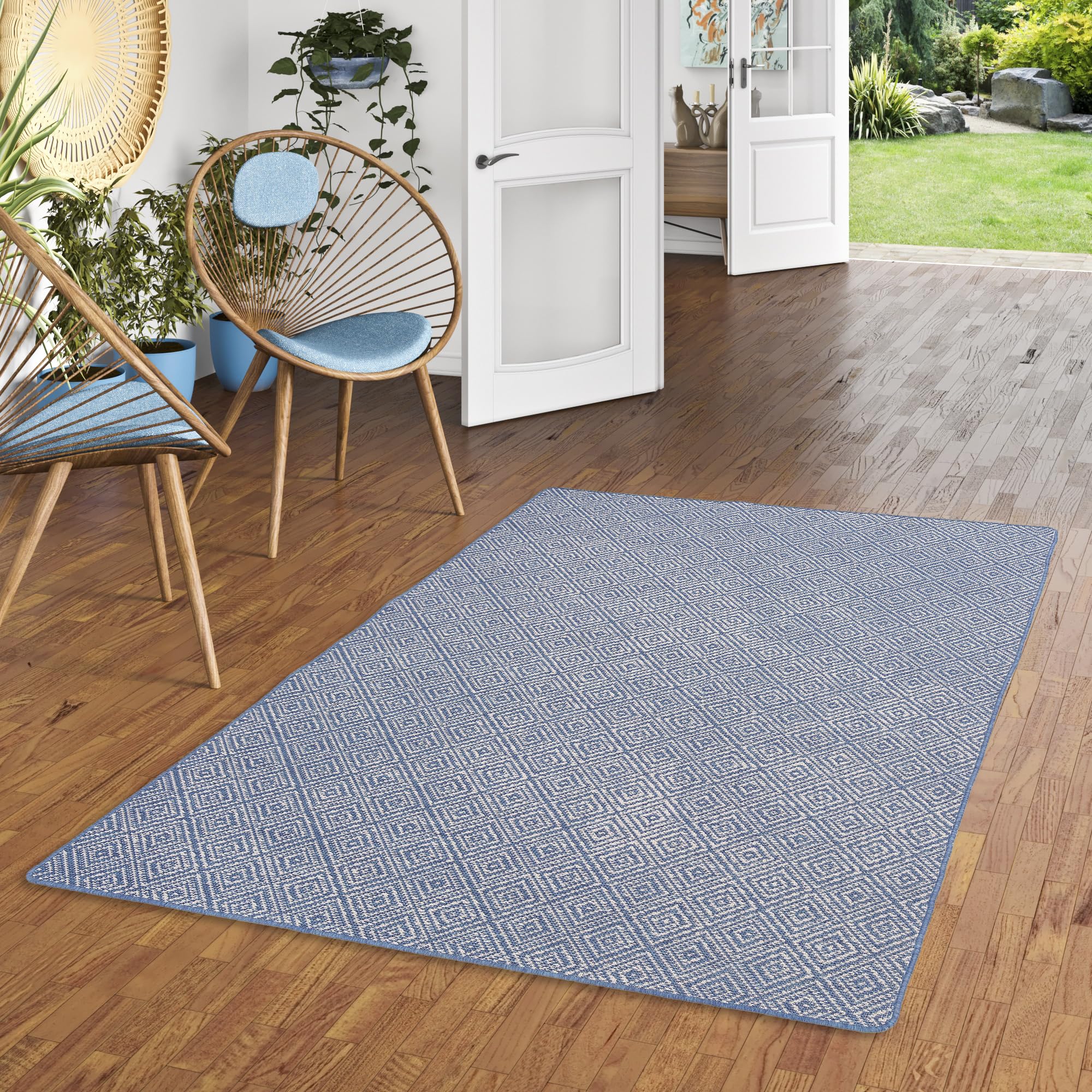 Snapstyle Newport In- & Outdoor Teppich Blau Vintage - Wetterfest & UV-beständig - Beidseitig nutzbar, Pflegeleicht - Balkon, Terrasse, Garten & Innenbereich - In vielen Größen erhältlich