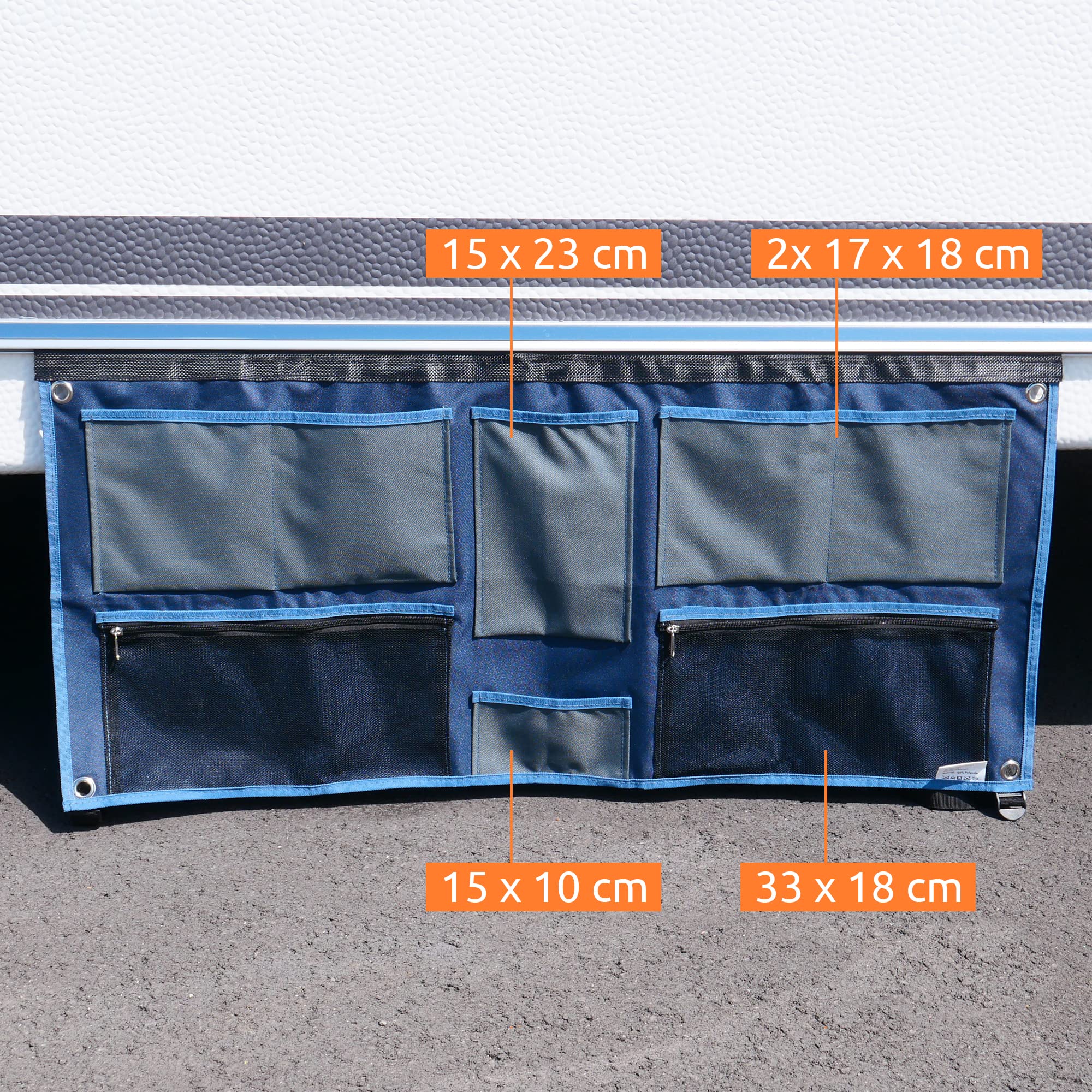 your GEAR Organizador de caravanas – Estante colgante/Barra de ganchos para caravana 45 – 140 cm | Variantes de bolsillo, zapatos, tableta, ancho, malla, ganchos | Almacenamiento de camping 4-12