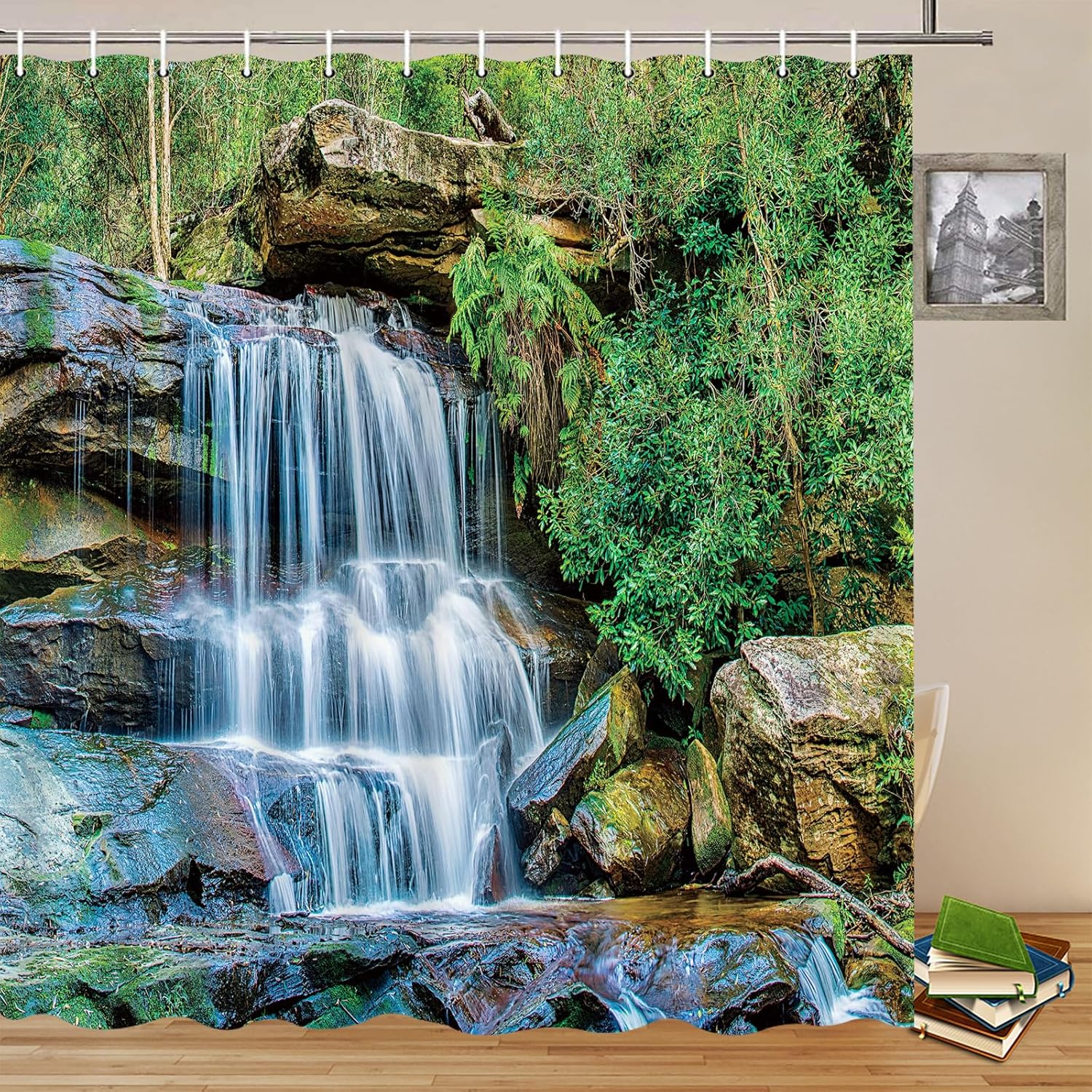 Waterfalls Landscape Shower Curtains Forest Outdoor Natural Scenery Big Stone Flowing Water Green Leaf Plant View Bathroom Decor Polyester Fabric Curtain Set 118 x 70 Inch with Hooks