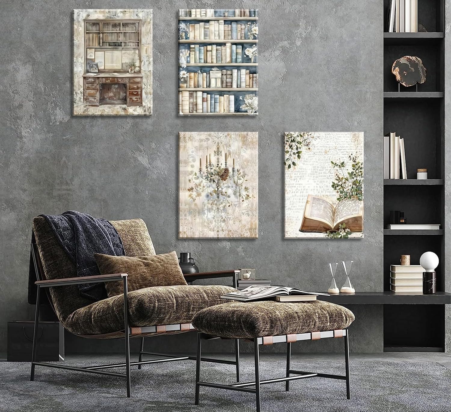 Vintage Reading Wall Art Retro Library Book Posters Wall Decor Floral Bookshelf Candle Light Painting Pictures Club Library Prints Canvas for Bedroom Living Room Office Classroom Framed 12x16