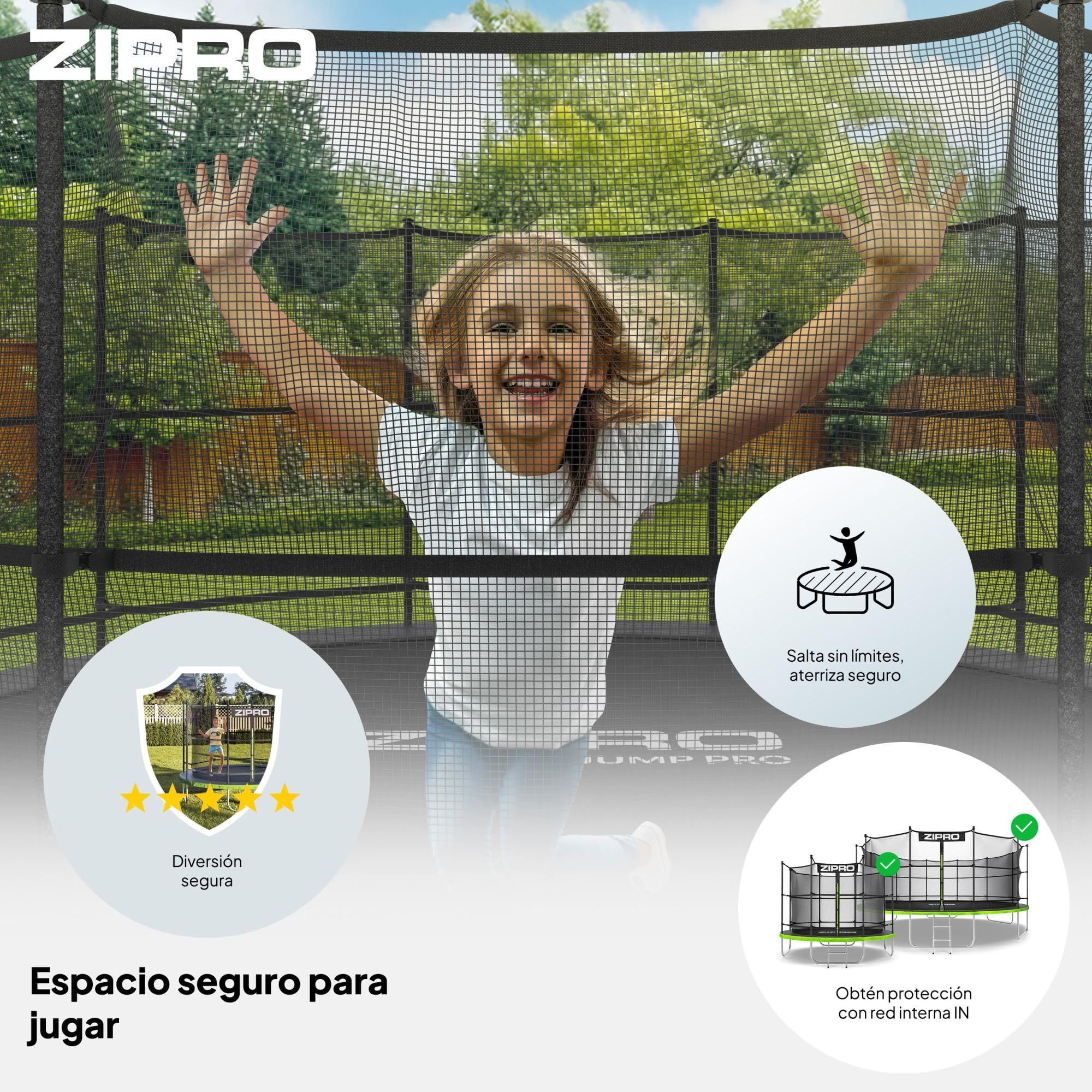 ZIPRO JumpPro IN Trampolín Exterior, Cama Elástica para Niños, con Red Interna, Resistente a la Intemperie, Protección UV, Montaje Fácil, Soporta 100-150 kg, Ø 183/252/312/374/435/496 cm
