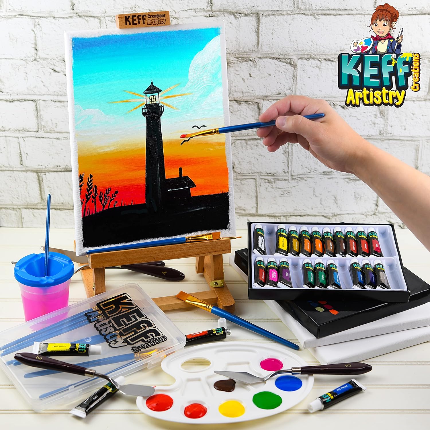 KEFF Creations Acrylic Paint Set - 54 Piece Professional Artist Painting Supplies Kit, Art Painting, 24 Acrylic Paint Tubes, Paintbrushes, Canvases and More-for Adults & Beginners