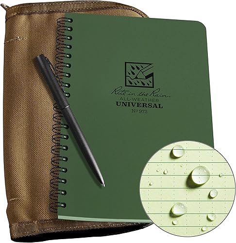 Rite in the Rain Kit de espiral lateral resistente a la intemperie cubierta de tela Tan CORDURA cuaderno verde de 4625 x 7 pulgadas y bolígrafo