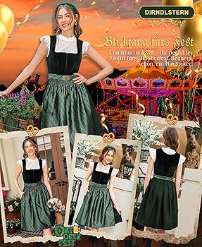 Dirndlkleid Damen In Grün Mit Schürze – Samt-Oktoberfestkleid, Midi-lang & Figurbetont