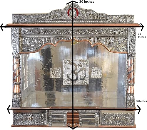Miniatura 3 de Pooja Mandir para el hogar (templo hindú indio para casa) – 32 pulgadas de paso abierto Puja Mandir altar de templo de madera chapado en plata