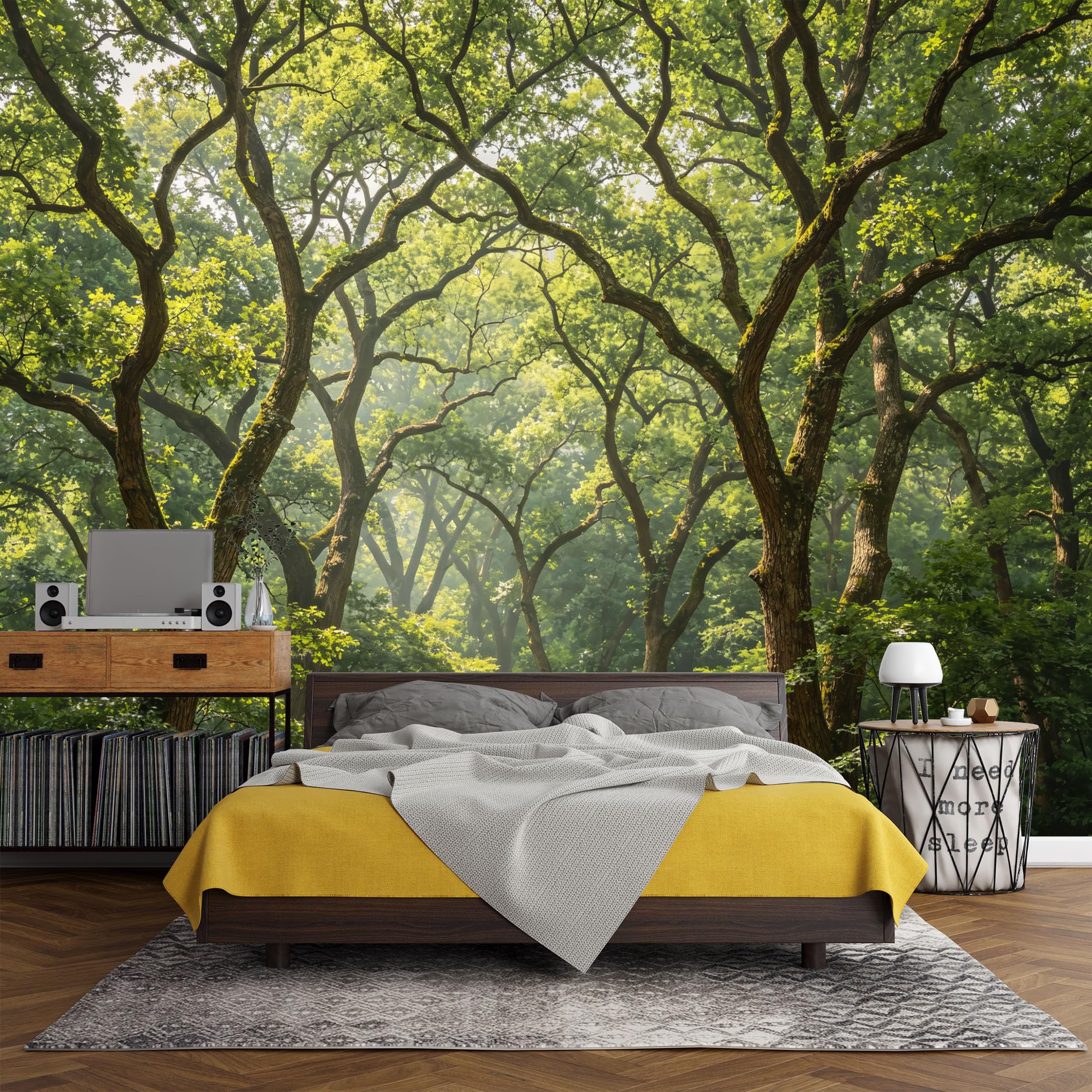 Custom Size Wall Mural， Forest Green Canopy Sunlight Woodland Landscape Nature Scene，SelfAdhesive Art Prints wall Fabric (No PVC) Removable Wallpaper Living Room Decor