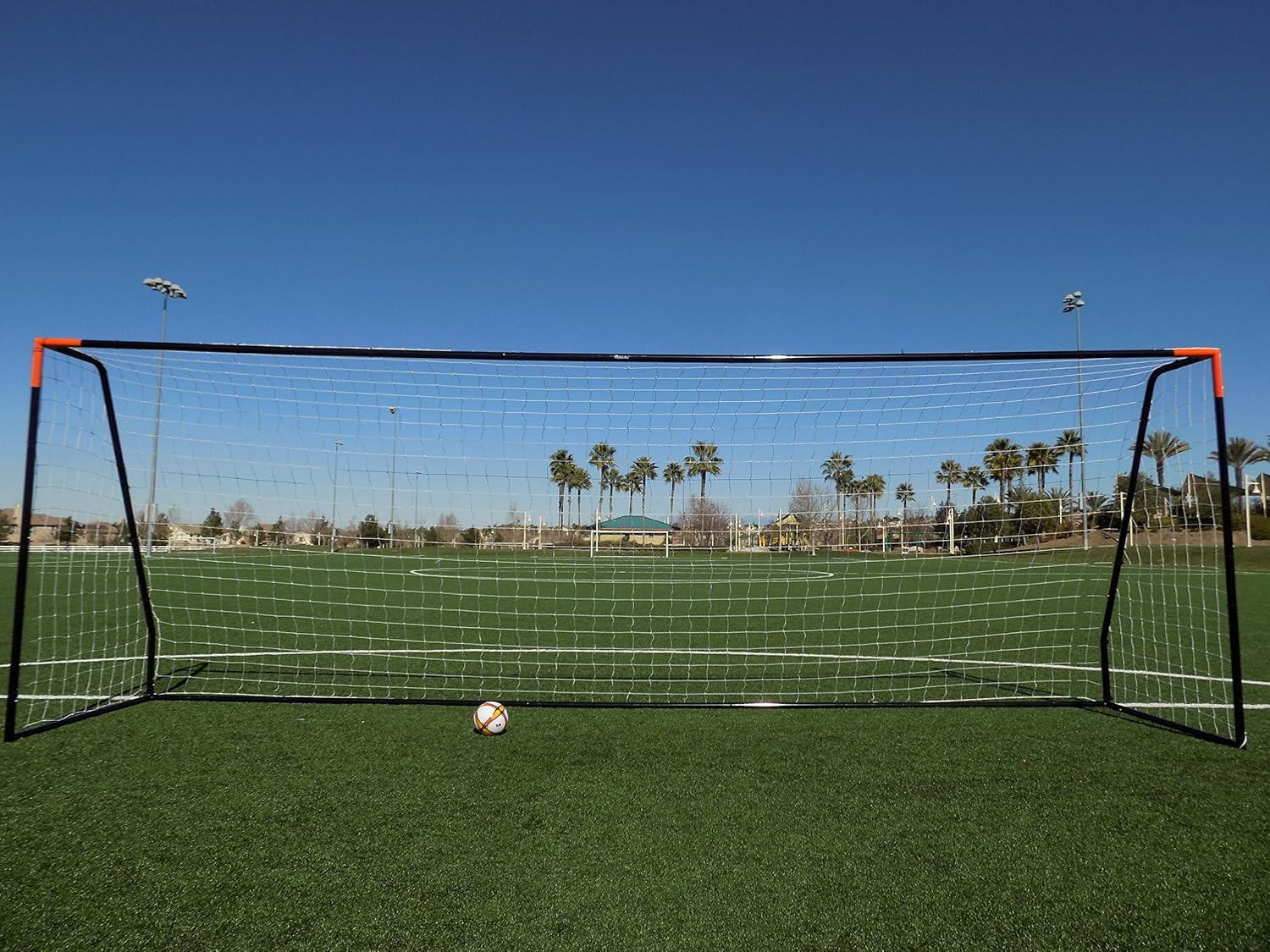 Vallerta® Premier Regulation Size Soccer Goals w/Weatherproof 4mm Net. 50MM Diameter Black Powder Coated/Corrosion Resistant Frame. Proffessional Practice Aid.
