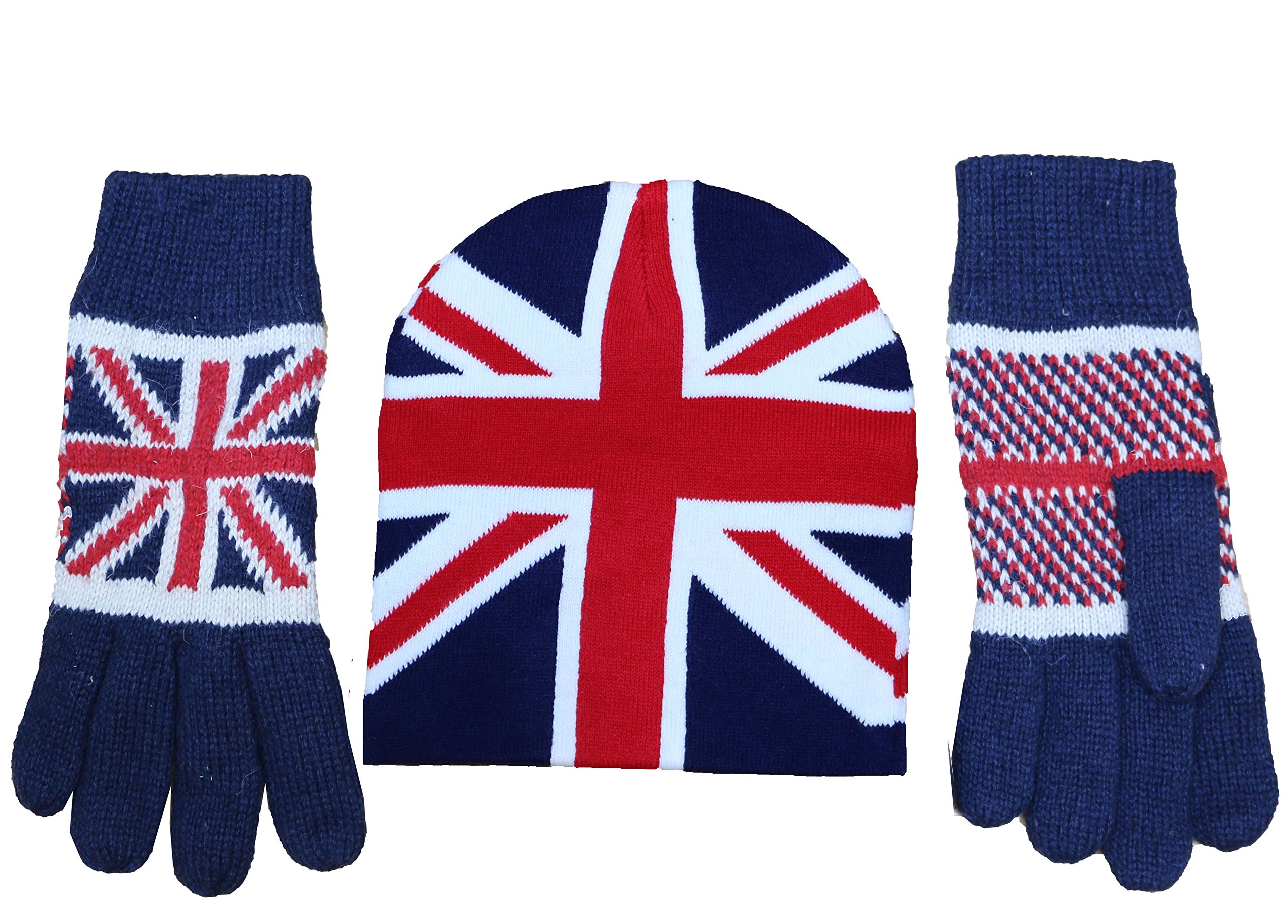 No.1 Gifts Unisex Women's Men's Union Jack British Flag Gloves Thermal Knitted Fleece Lined, Ski Beanie Hats