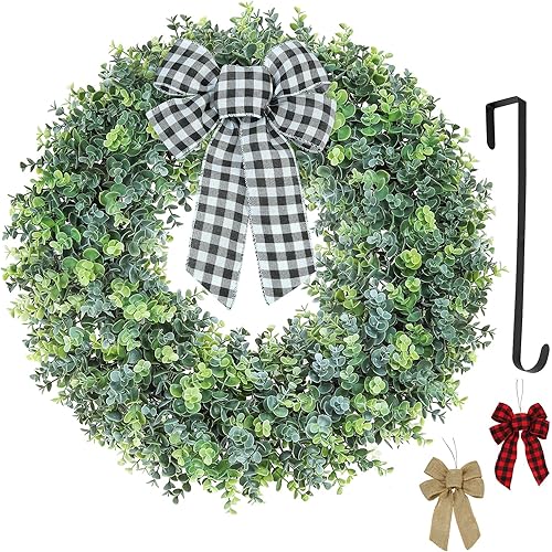 Wreaths for Front Door-22inch,Spring Summer Wreaths,Boxwood Wreaths for Front Door,3 Bows and a Hanger, Used in All Seasons for Front Door,Back Door,Indoor, Outdoor Wreath(22inch)