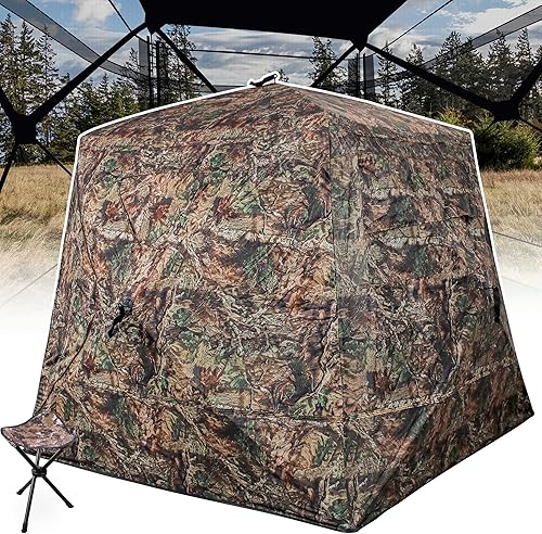 Persiana de caza en forma de T para 2-3 personas con taburete de caza de tres patas, persianas de tierra transparentes de 270 grados para caza de