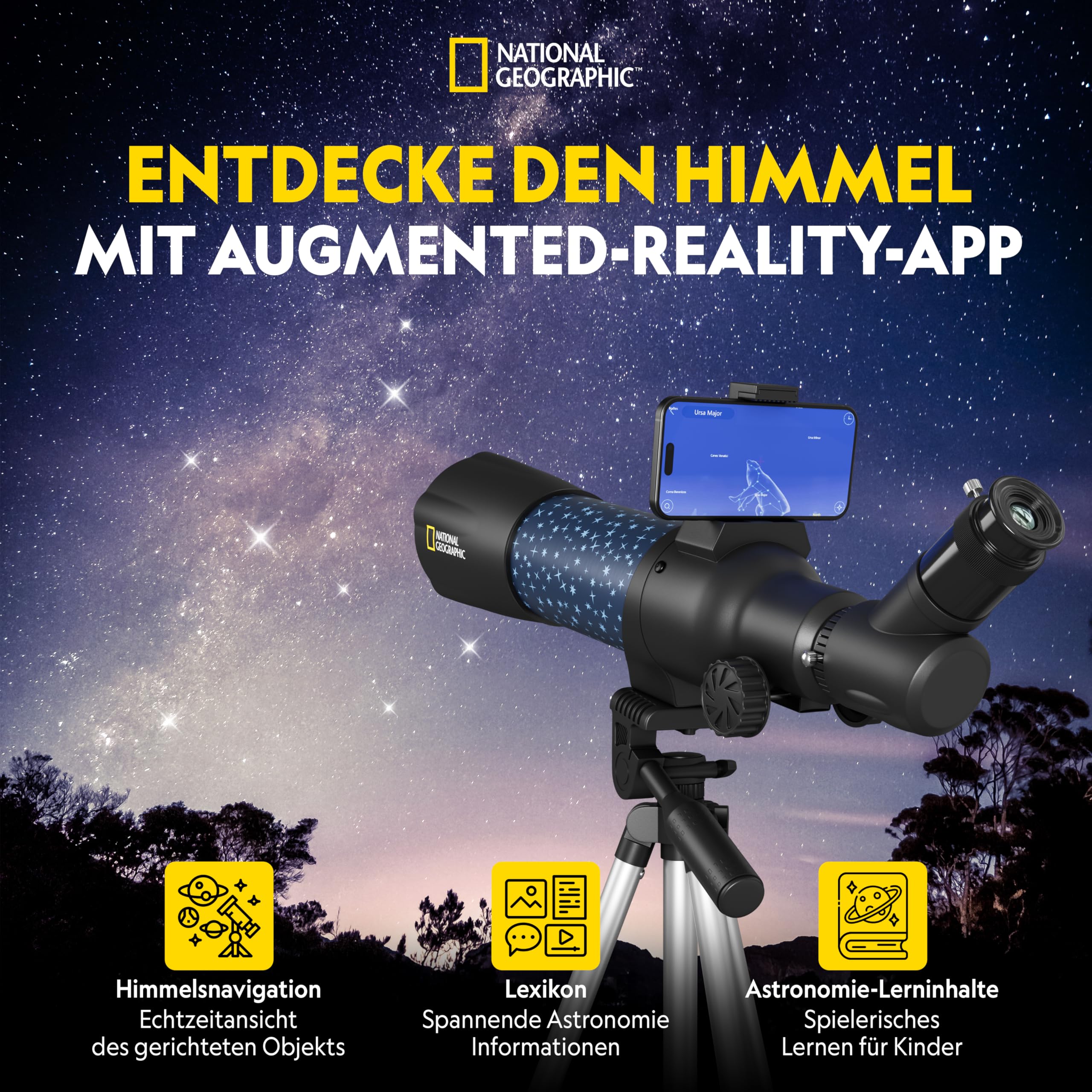 National Geographic Inteligentny teleskop AR dla dzieci ze statywem, plecakiem, uchwytem na smartfon i aplikacją rozszerzonej rzeczywistości