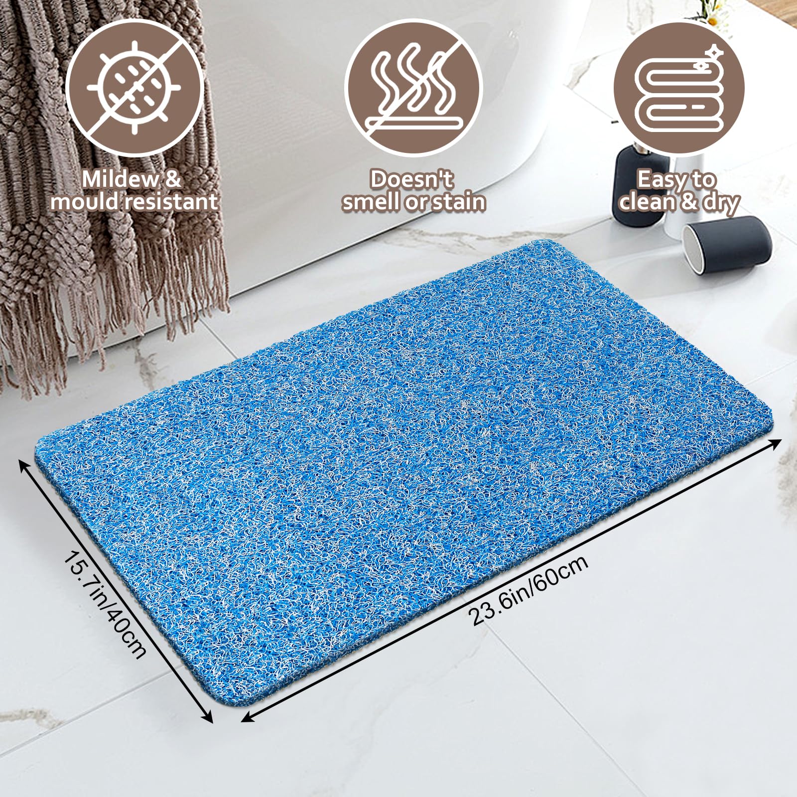 Tappetino da doccia antiscivolo e antimuffa: tappetino da bagno per vasca da bagno interno, 60 x 40 cm, antiscivolo, per doccia interna, tappetino da doccia in luffa blu, lungo, lavabile, per anziani