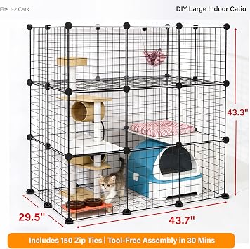 DIY Modular Cat Enclosure 3x3x2 Grid | Extra Large Indoor Cat Playpen | Foldable Black Wire Metal Cat Cage with Multi-Level Shelves | Approx. (43.7 x 29.5 x 43.3)