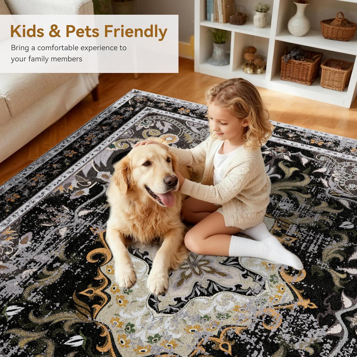 RUSHUFFY 6x9 Washable Area Rugs for Living Room, Non-Slip Boho Vintage Traditional Medallion Print Pattern Carpet for Bedroom Dining Room Farmhouse Nursery Room, Black & Gold