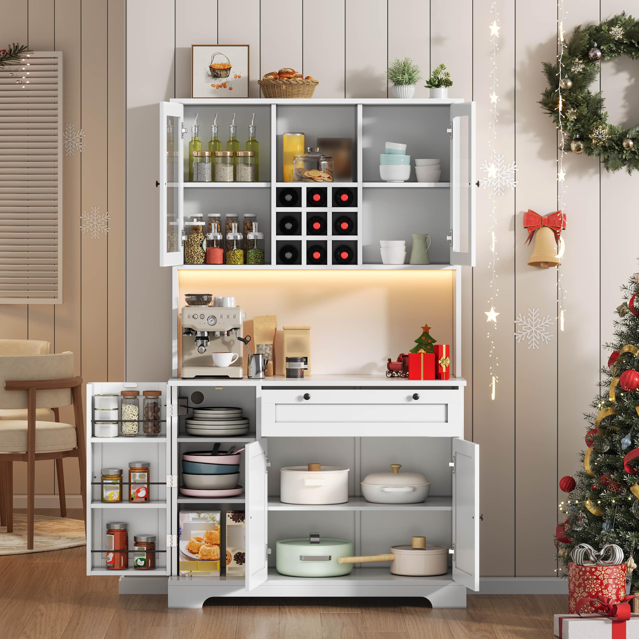 Merax Küchenschrank, Buffetschrank mit LED und Steckdosen, Küchenmöbel mit Schublade, Weinregal und Verstellbaren Ablagen, Sideboard, Küchenbuffet für Küche, Esszimmer, 105x40x180cm (Weiß)