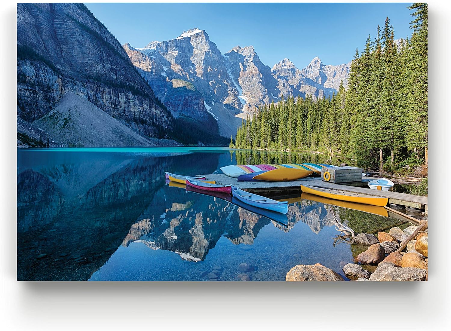 Renditions Gallery Nature Home Decor for Home Banff Canoe Docked along side Mountain Lake Canvas Hanging Artwork for Bedroom Living Room Office Wall - 18"X27" LT08