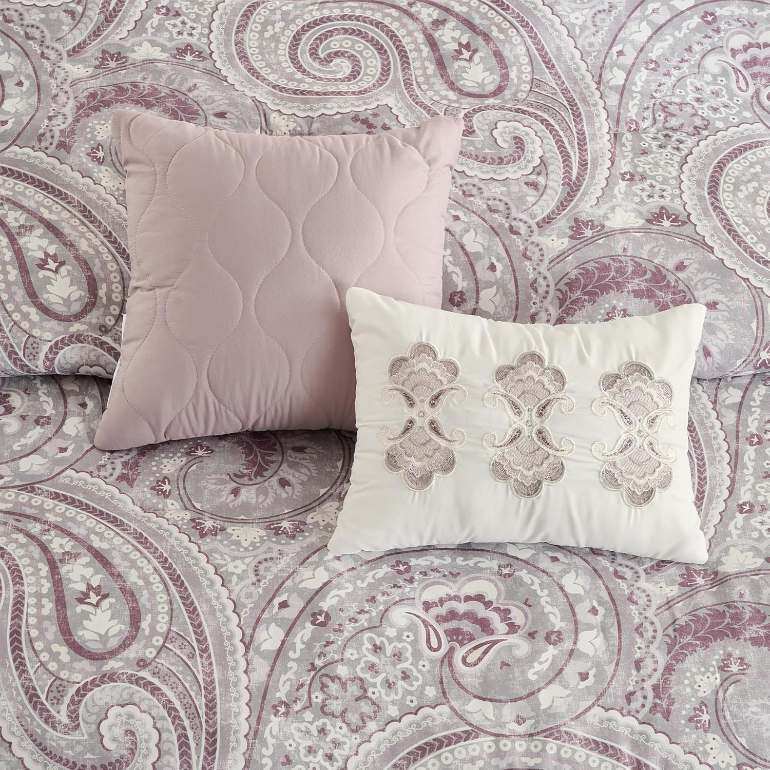 Boho Comforter Set Cal King Size, 8 Pieces Soft Bohemian Bedding All Season Paisley Floral Bed Set with Comforter, Bedskirt, Shams, Dec Pillows, Plum