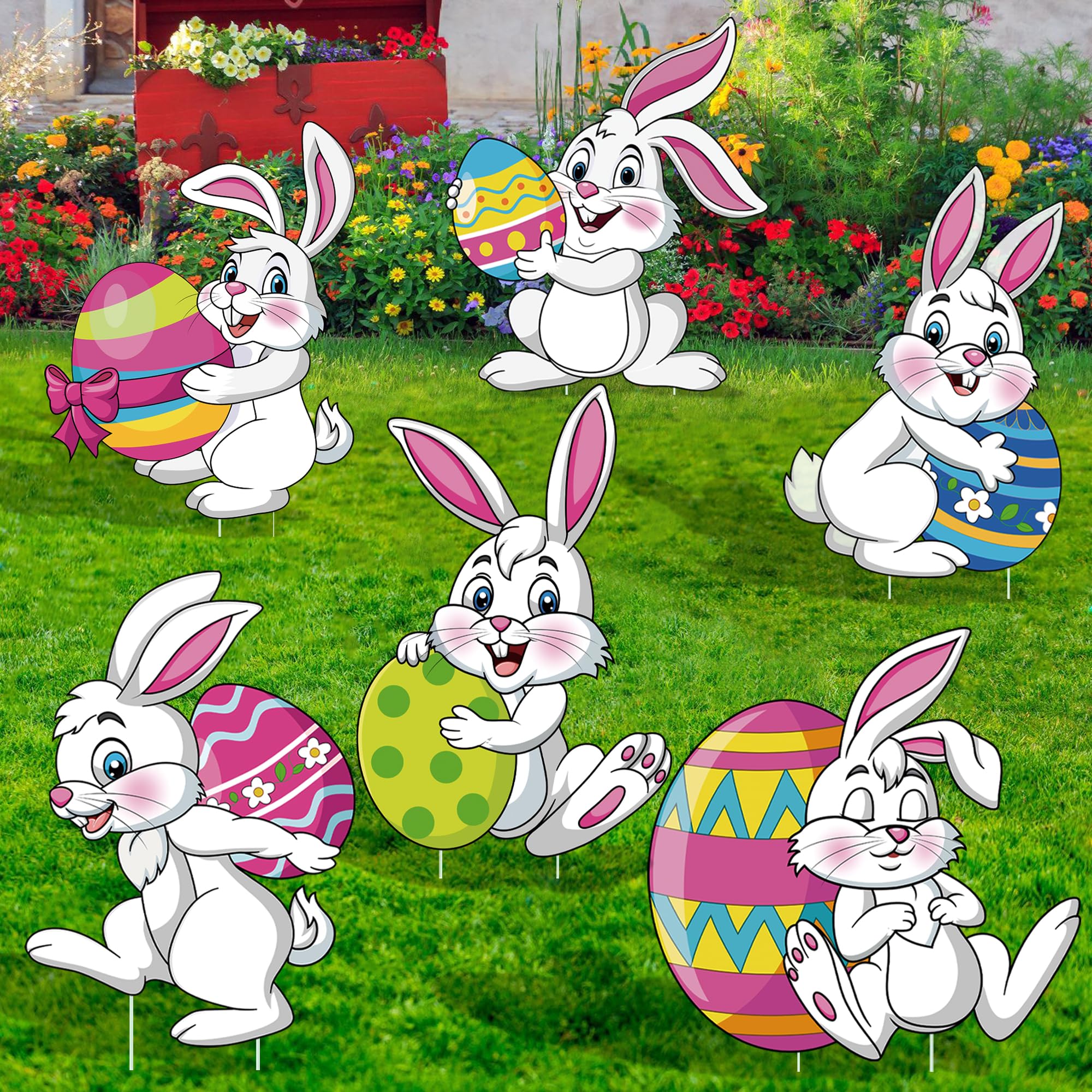 Photo 1 of Easter Yards Signs Outdoor Bunny Lawn Signs with Stakes Bunny Eggs Garden Sign Plastic Rabbit Yards Stakes Easter Lawn Yard Decorations for Spring Yard Lawn Garden Home Party Decor, 6 Pcs