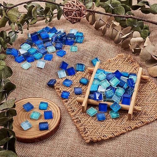 Miniatura 3 de Pandahall - 400 unidades de cabujones de mosaico de vidrio de 0.394 x 0.157 in, azulejos de mosaico cuadrados azules, cuentas de cabujones de vidrio
