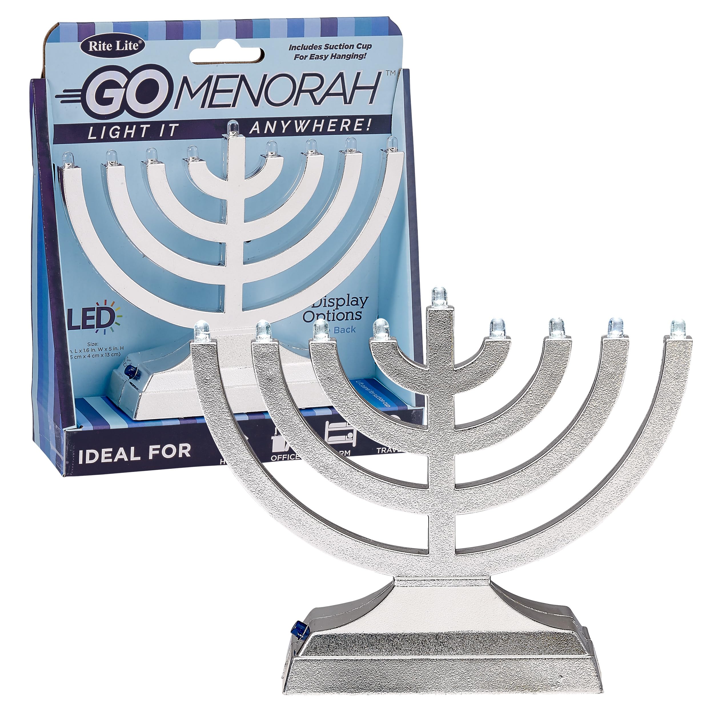 Rite Lite Go Mini Metallic Electric Menorah - LED Battery/USB Powered Chanukah Jewish Holiday - Office Car Home Decorations Judaica Hanukkah Gifts, Push Button Multi Light - Silver