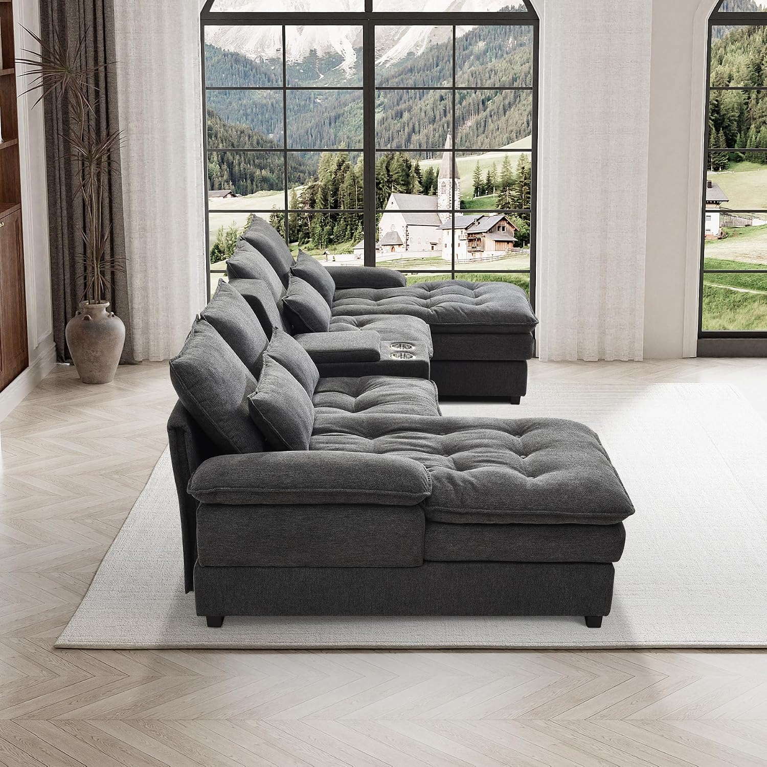 130" U Shaped Sectional Cloud Couches for Living Room, Oversized Fluffy Comfy Modular Sectional Sofa with Chaise Lounge & Tufted Buttons, Modern Linen 6 Seater Sofa Set with Storage Console Grey