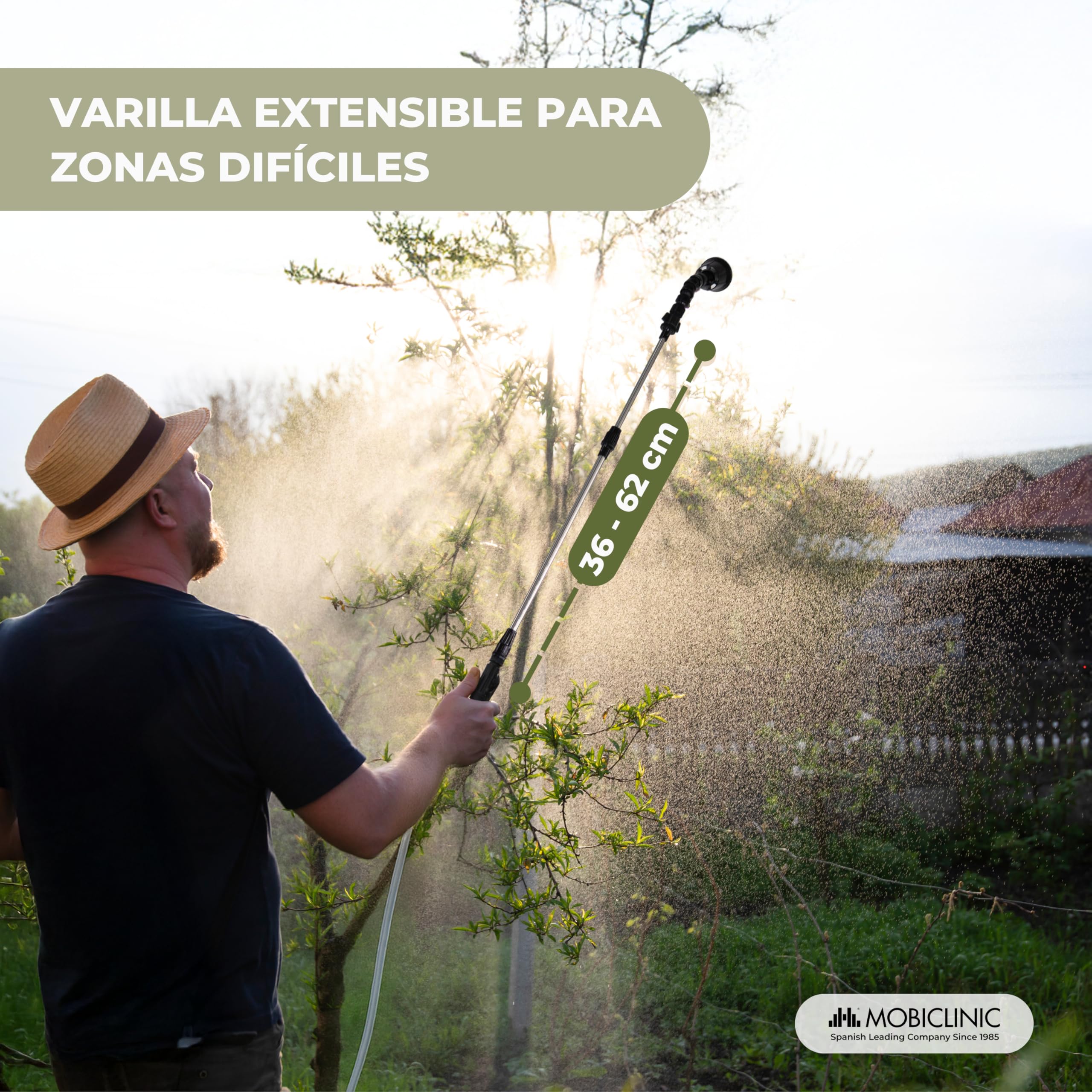 Mobiclinic®, Pulverizador Eléctrico, Manguera 3M, 4 Boquillas Intercambiables, 2 Potencias, Autonomía 2 a 3h, Varilla Extensible 60-85 cm, Carga USB, Mango Ergonómico, Riego y Limpieza, Profumig