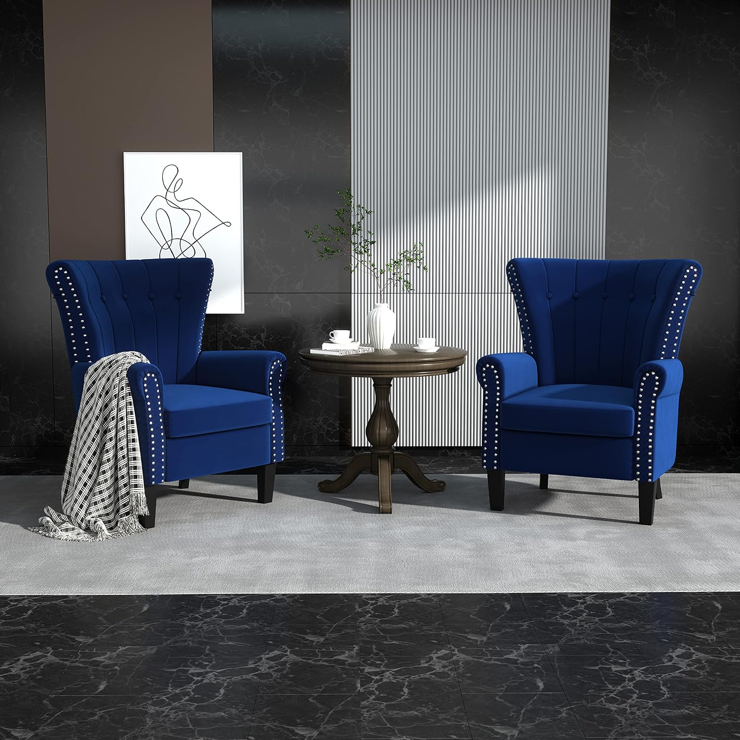 Modern Velvet Accent Chair Vanity Decor Wingback Armchair Curved Tufted Club Adult Chair with Wood Legs for Living Room, Bedroom, Office, Blue