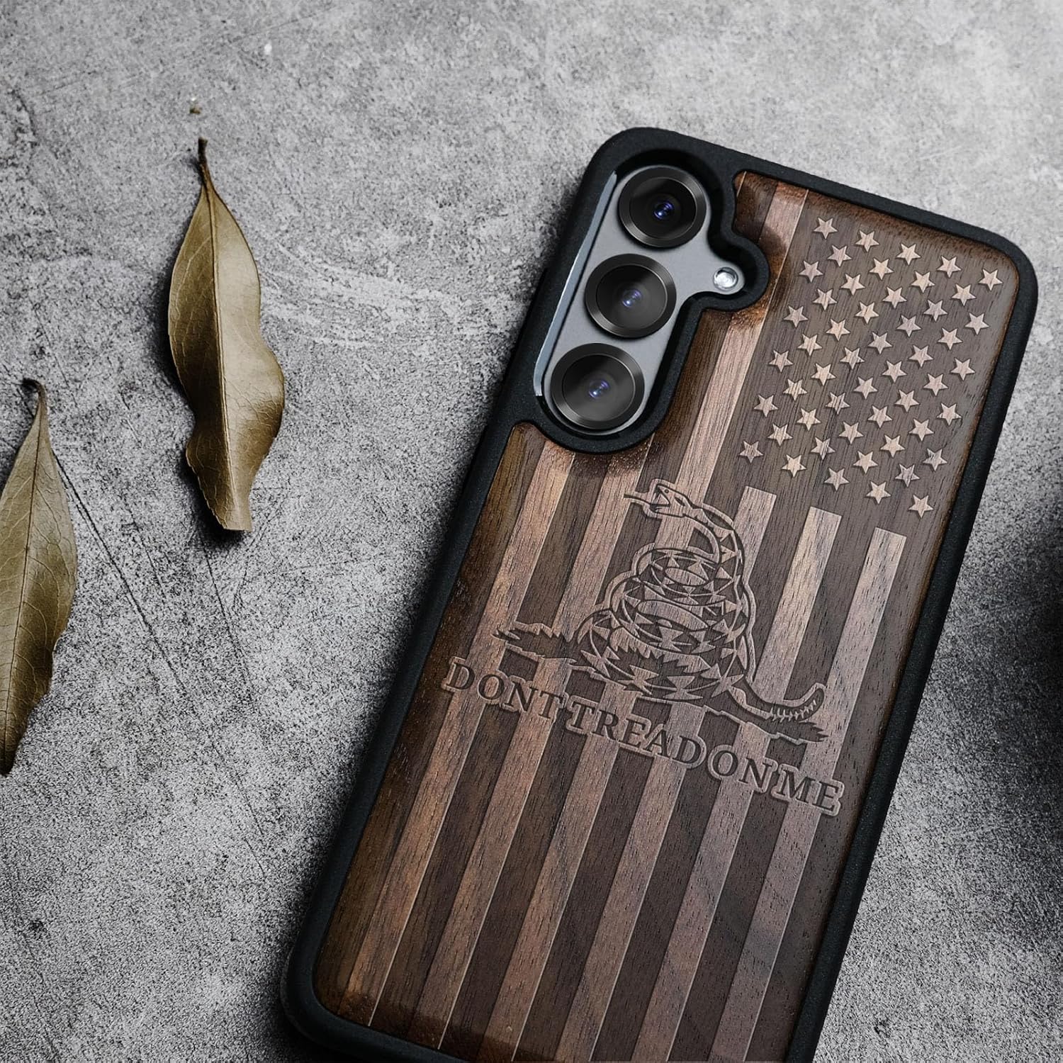 Carveit Magnetic Wooden Case for Galaxy S25+ Samsung S25 Plus Case, TPU Shockproof Cover & Wood Engraved, Compatible with MagSafe Wireless Chargers (Gadsden and American Flag) Walnut