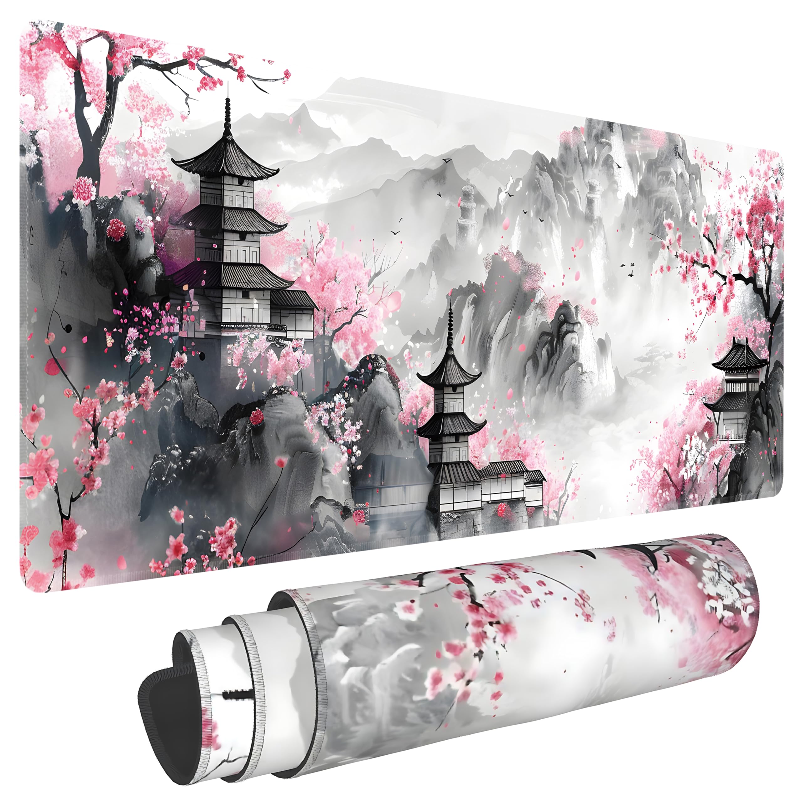 Japanese Cherry Blossom Large Mouse Pad,Gaming Keyboard Desk Pad,Extended Mouse Mat Non-Slip Rubber Base with Stitched Edges for Office Game Home XL