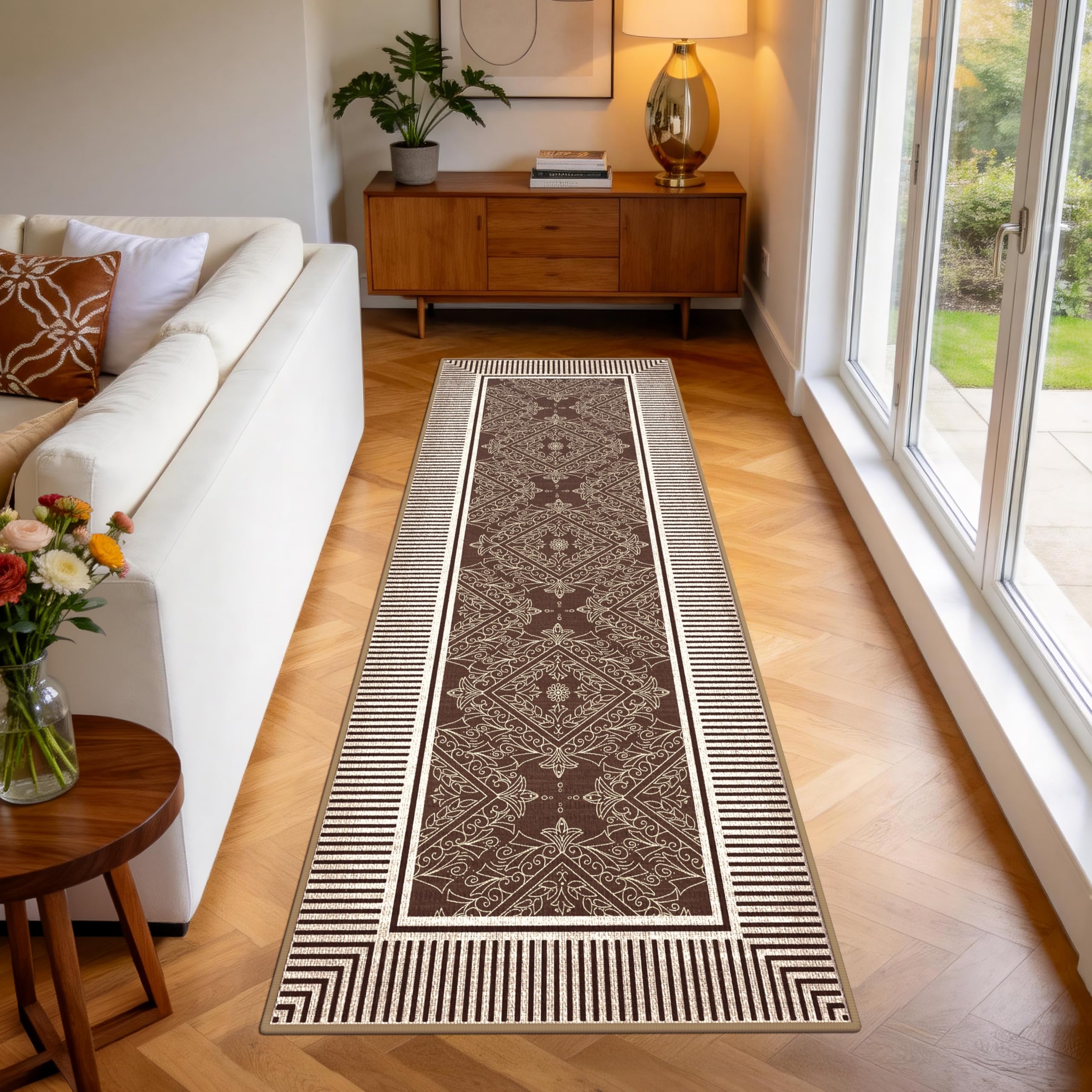 Geanup Modern Runner Rugs for Hallway 60x180 cm, Brown Washable Floor Runners for Hallway Non Slip, Striped Soft Low Pile Floor Carpet for Hallways Entryway Bedroom Laundry Room Living Room
