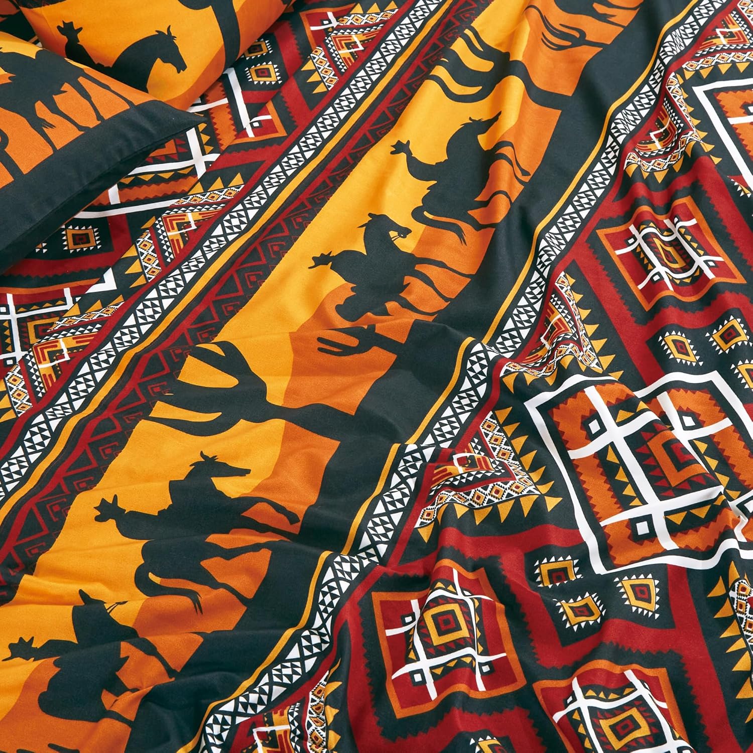 Chezmoi Collection 4-Piece Southwestern Sunset Cowboys Sheet Set California King Size - Multicolor Red Orange Black White Printed Brushed Microfiber Lightweight Breathable Deep Pocket Bed Sheets - Image 4